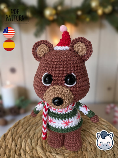 Handmade Christmas Bear amigurumi inspired by cozy winter holiday decor, a cute Christmas crochet pattern PDF perfect for fans of festive plush toys, handmade gifts and adorable amigurumi characters.