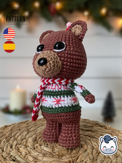 Handmade Christmas Bear amigurumi inspired by cozy winter holiday decor, a cute Christmas crochet pattern PDF perfect for fans of festive plush toys, handmade gifts and adorable amigurumi characters.
