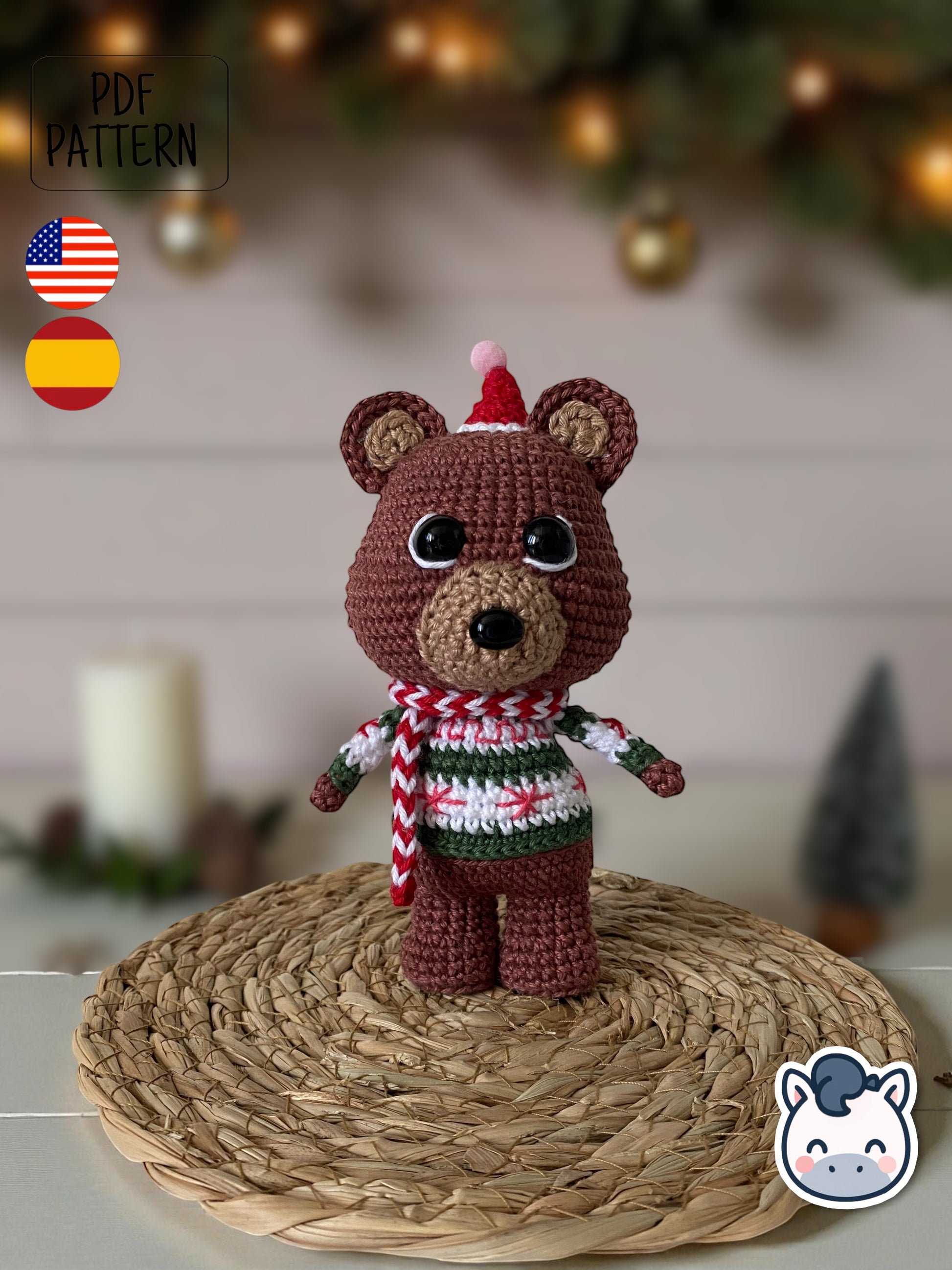 Handmade Christmas Bear amigurumi inspired by cozy winter holiday decor, a cute Christmas crochet pattern PDF perfect for fans of festive plush toys, handmade gifts and adorable amigurumi characters.