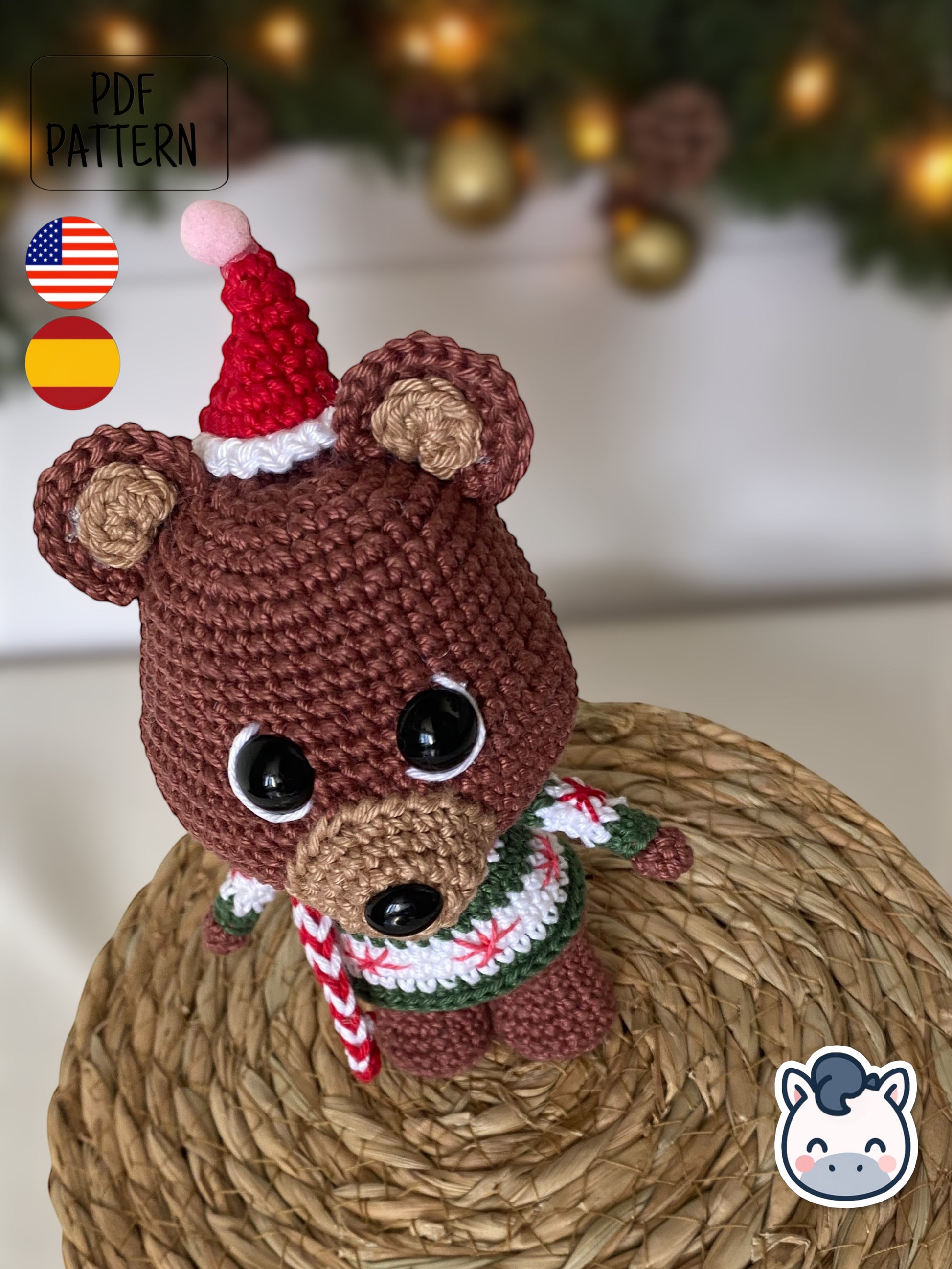 Handmade Christmas Bear amigurumi inspired by cozy winter holiday decor, a cute Christmas crochet pattern PDF perfect for fans of festive plush toys, handmade gifts and adorable amigurumi characters.