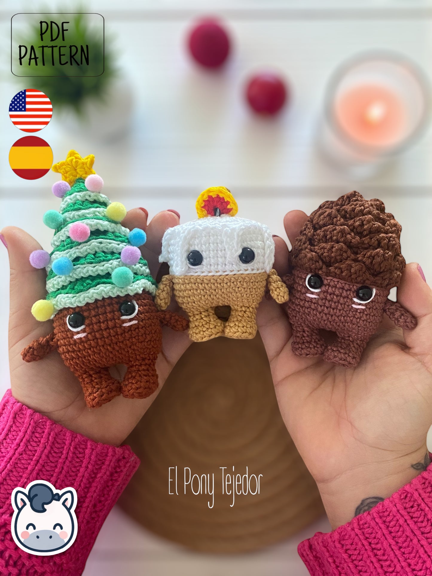 Handmade Christmas amigurumi set inspired by classic holiday ornaments, featuring a Christmas tree, festive candle and winter pinecone. Perfect Christmas crochet pattern PDF for holiday decor lovers and fans of cute handmade Christmas decorations.