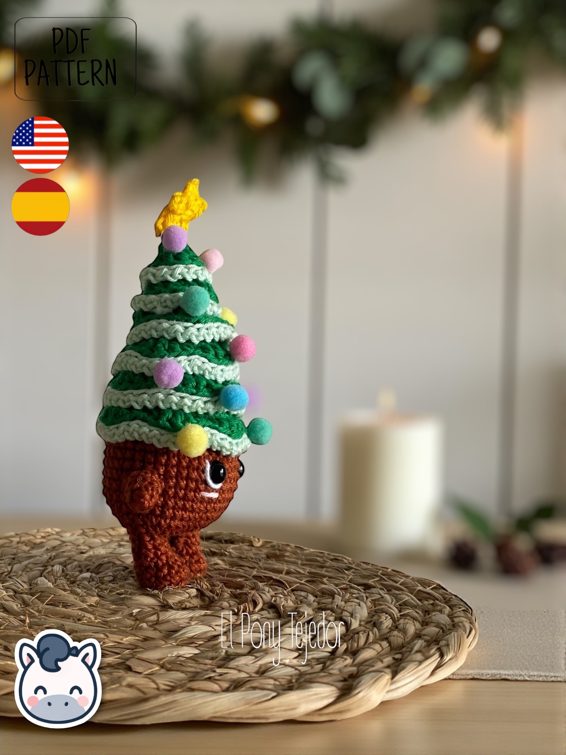 Handmade Christmas amigurumi set inspired by classic holiday ornaments, featuring a Christmas tree, festive candle and winter pinecone. Perfect Christmas crochet pattern PDF for holiday decor lovers and fans of cute handmade Christmas decorations.