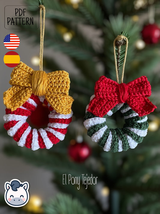 Amigurumi Christmas Wreath Ornaments Crochet Pattern, handmade Christmas decoration PDF inspired by traditional festive colors.