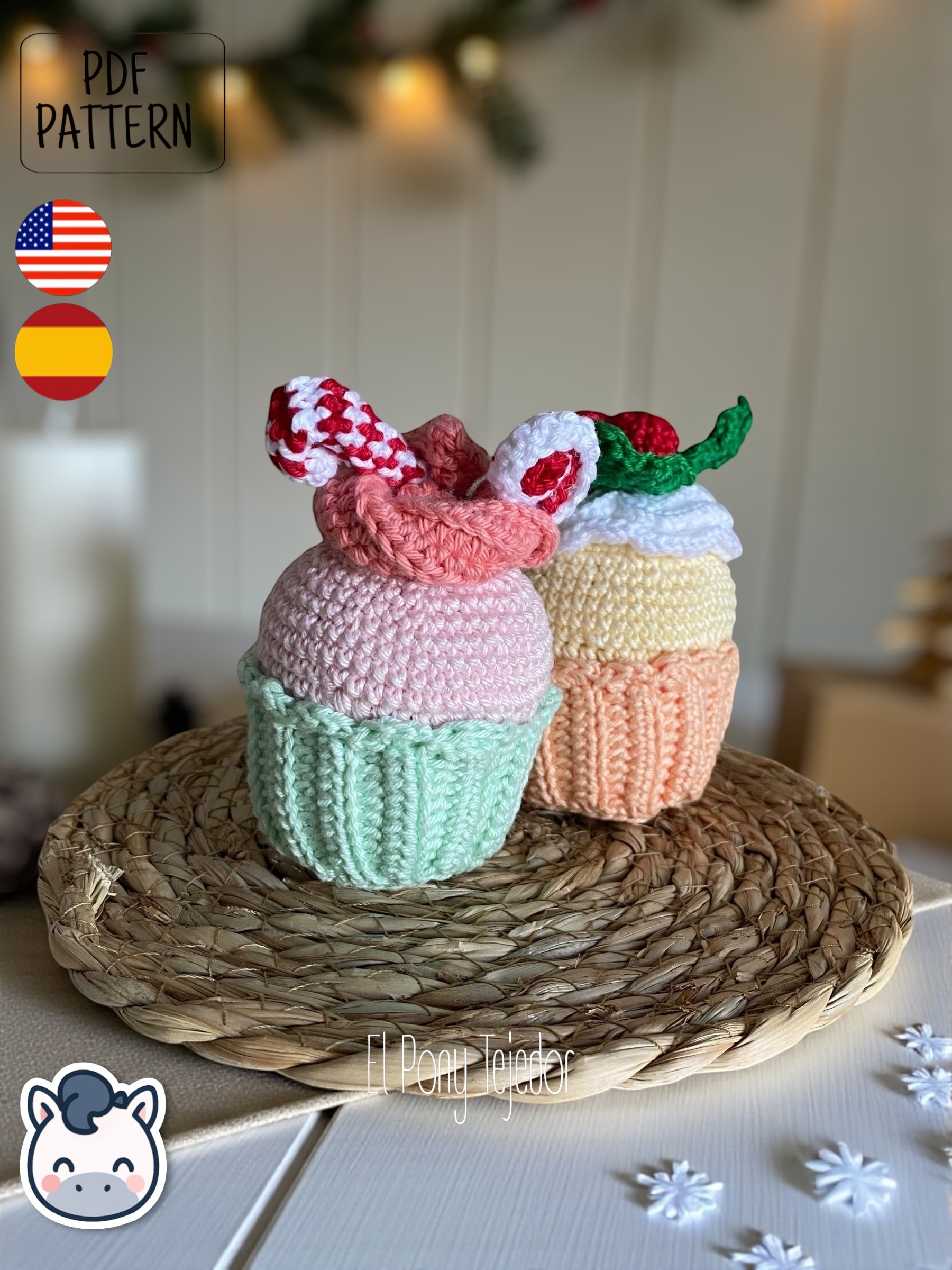 Handmade Christmas Cupcakes amigurumi inspired by festive holiday treats, cute winter crochet pattern PDF perfect for fans of Christmas decorations and cozy handmade designs.