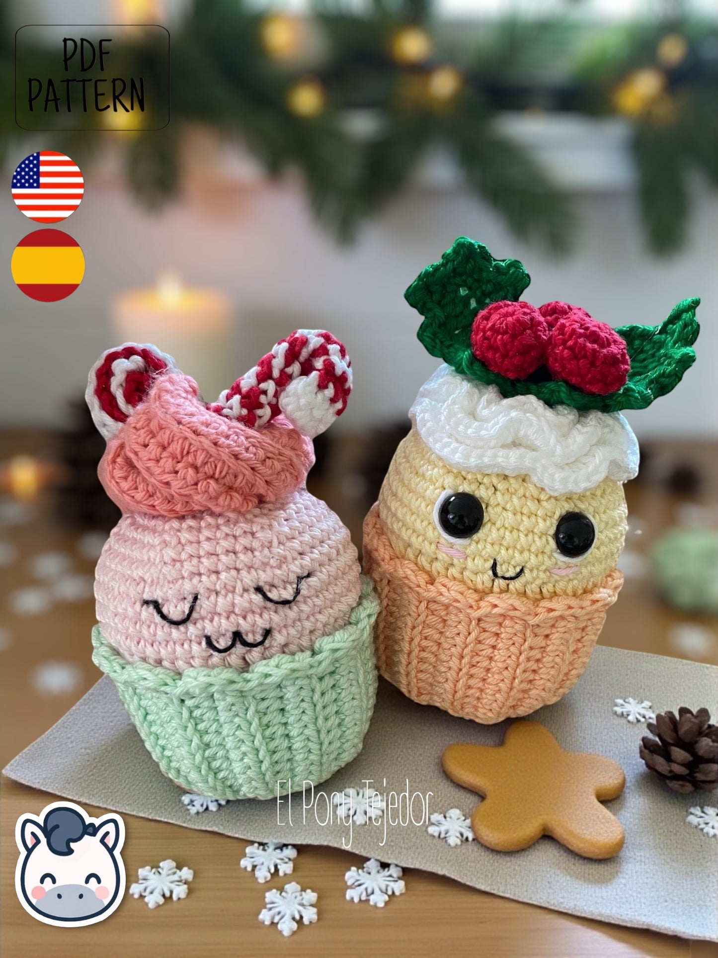 Handmade Christmas Cupcakes amigurumi inspired by festive holiday treats, cute winter crochet pattern PDF perfect for fans of Christmas decorations and cozy handmade designs.