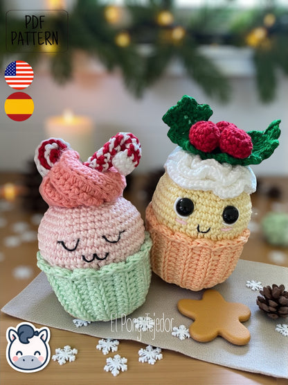 Handmade Christmas Cupcakes amigurumi inspired by festive holiday treats, cute winter crochet pattern PDF perfect for fans of Christmas decorations and cozy handmade designs.