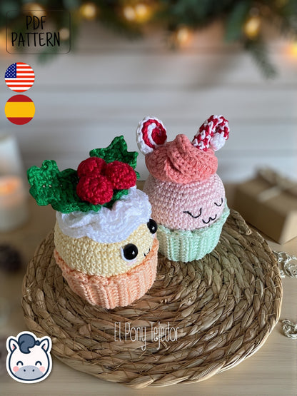 Handmade Christmas Cupcakes amigurumi inspired by festive holiday treats, cute winter crochet pattern PDF perfect for fans of Christmas decorations and cozy handmade designs.