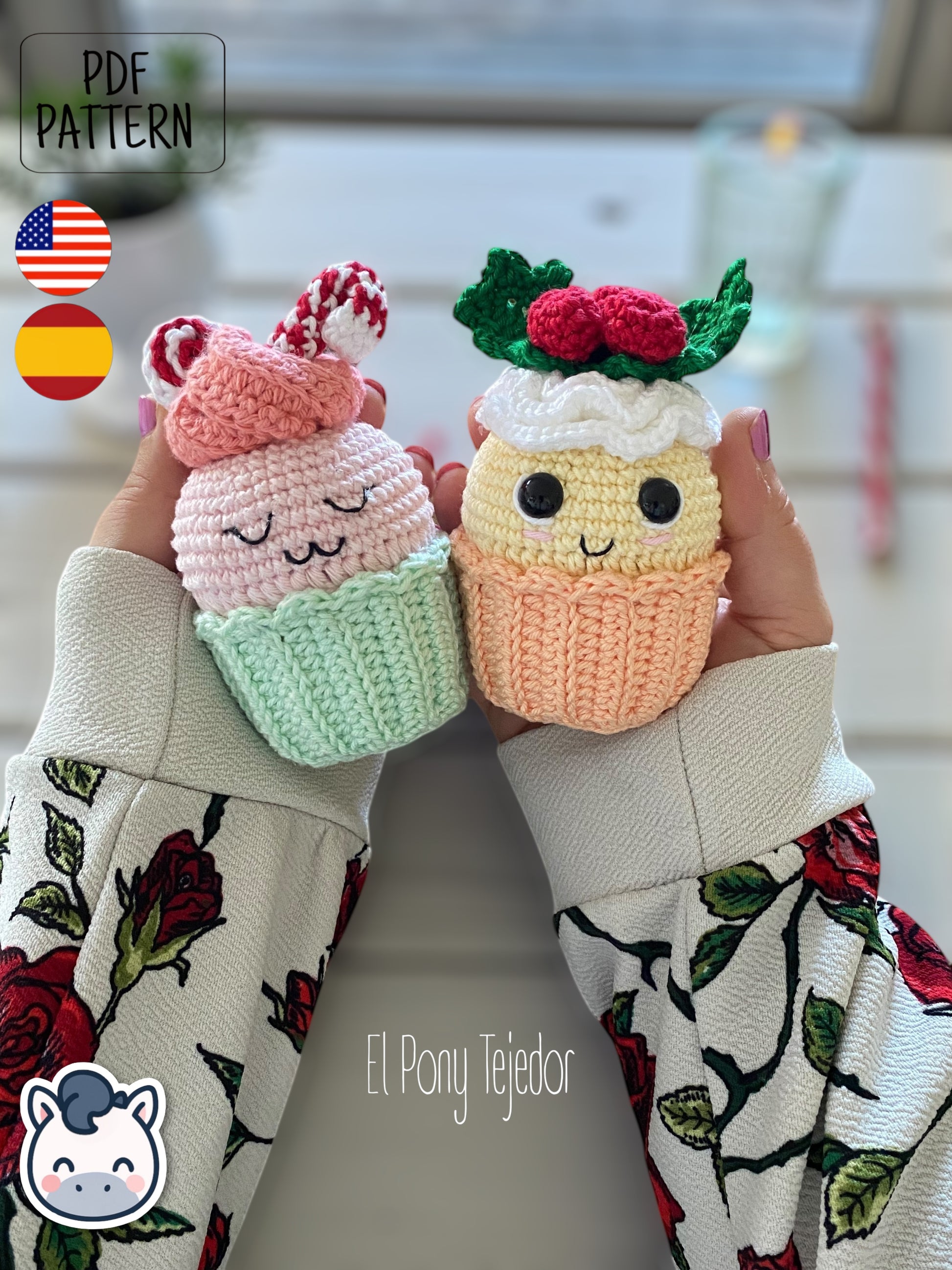 Handmade Christmas Cupcakes amigurumi inspired by festive holiday treats, cute winter crochet pattern PDF perfect for fans of Christmas decorations and cozy handmade designs.