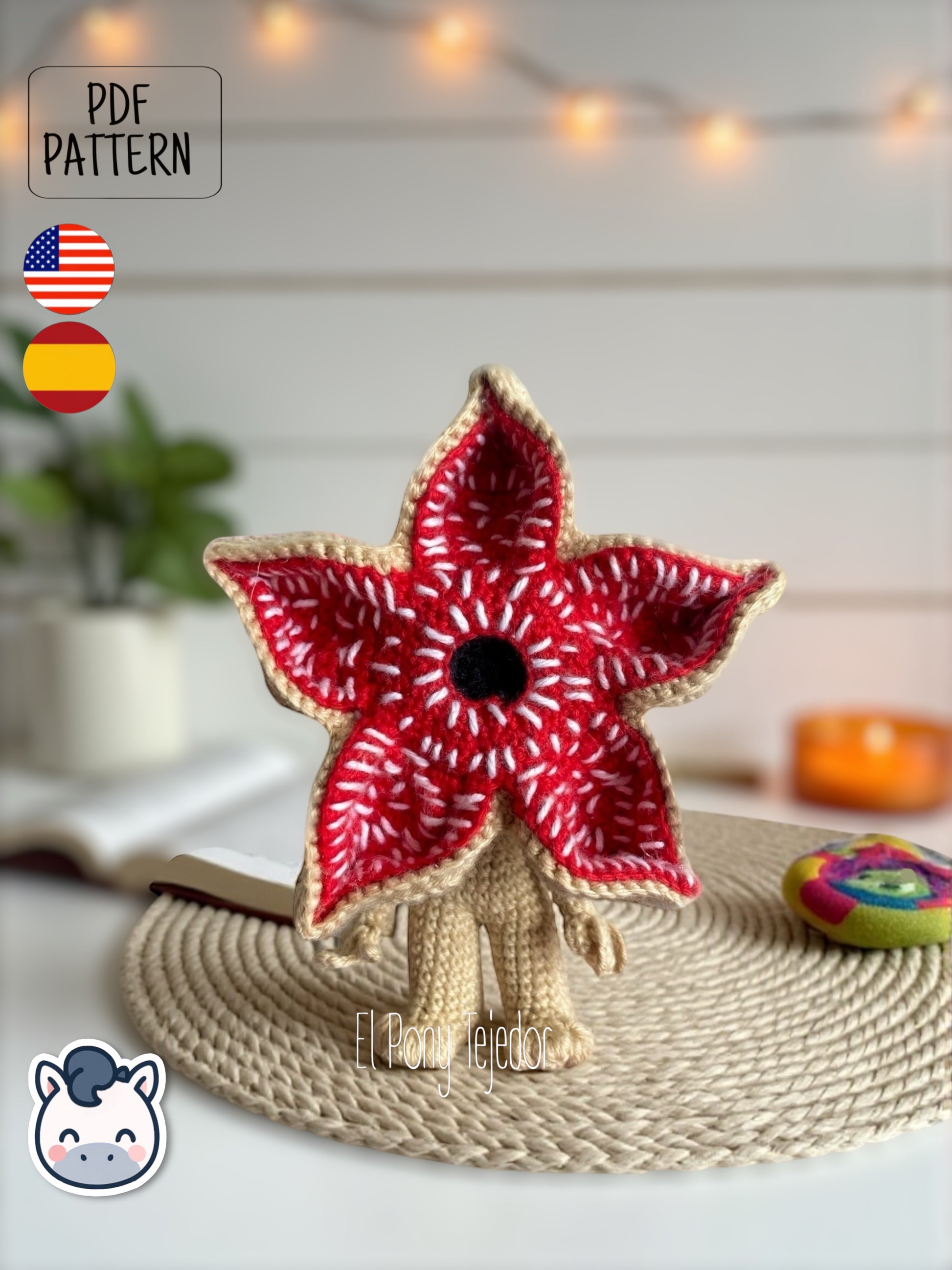 Amigurumi pattern inspired by the Demogorgon from Netflix’s Stranger Things. Perfect for horror lovers, Halloween decor and geek collectors.