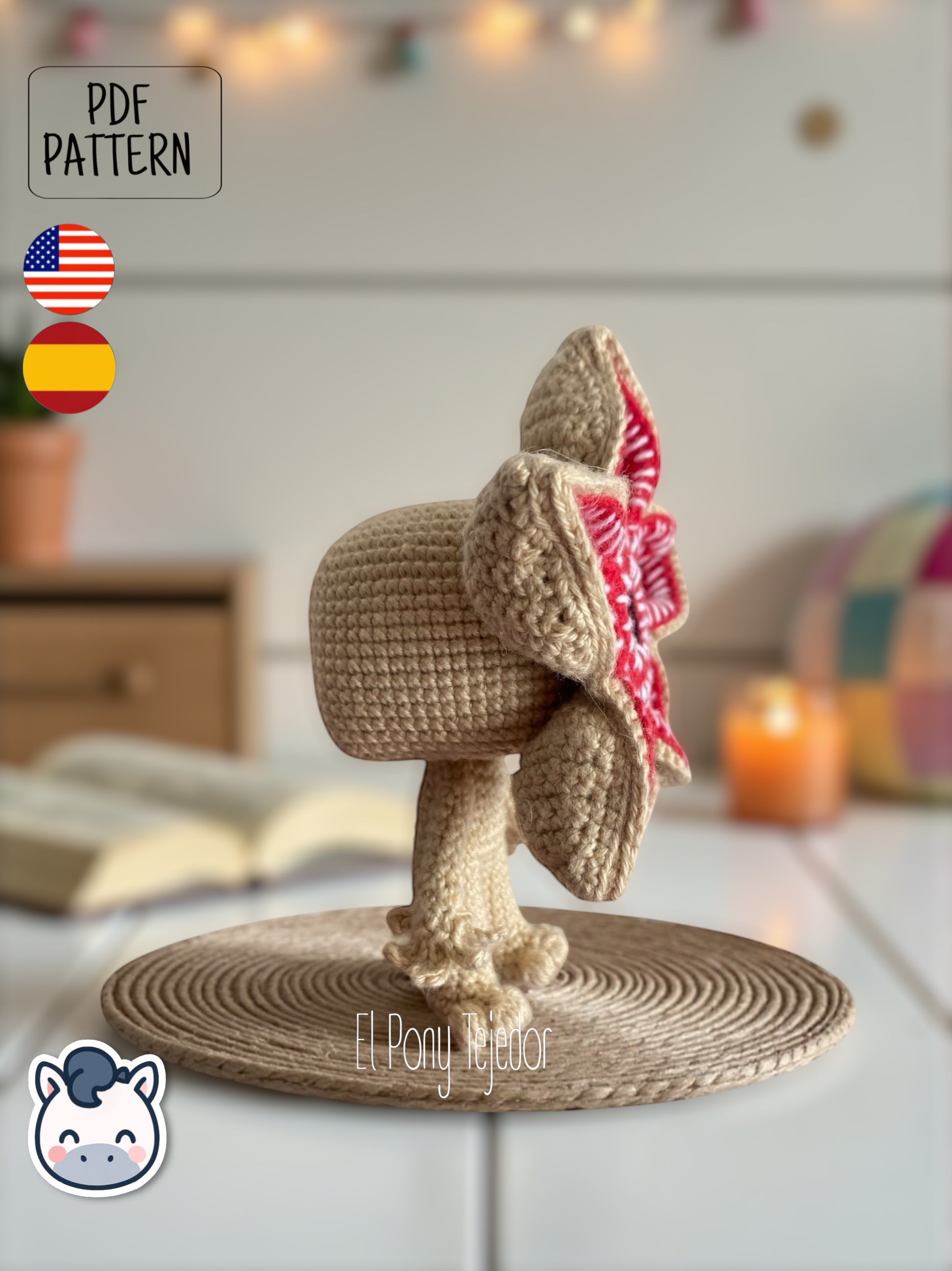 Amigurumi pattern inspired by the Demogorgon from Netflix’s Stranger Things. Perfect for horror lovers, Halloween decor and geek collectors.