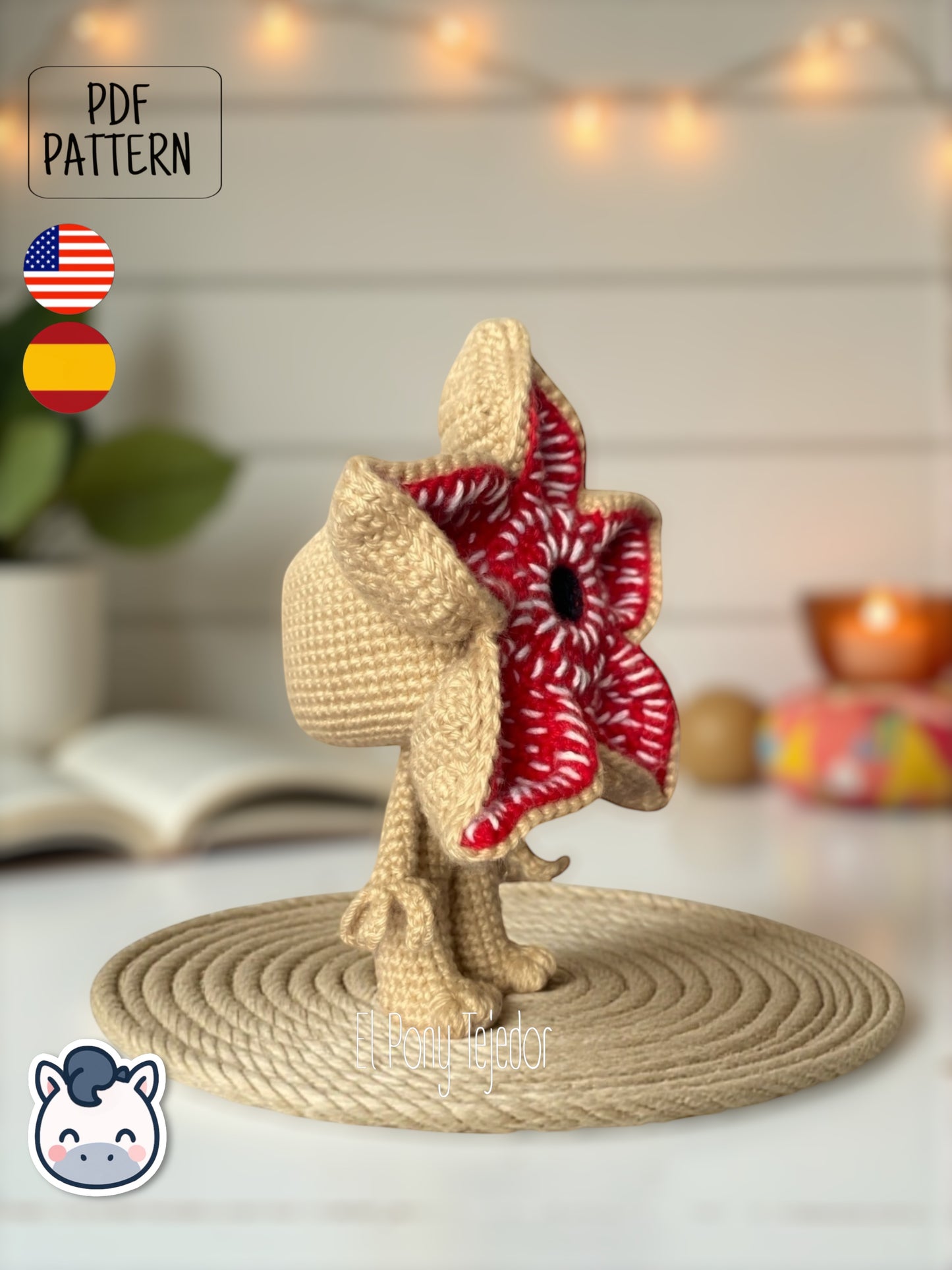 Amigurumi pattern inspired by the Demogorgon from Netflix’s Stranger Things. Perfect for horror lovers, Halloween decor and geek collectors.