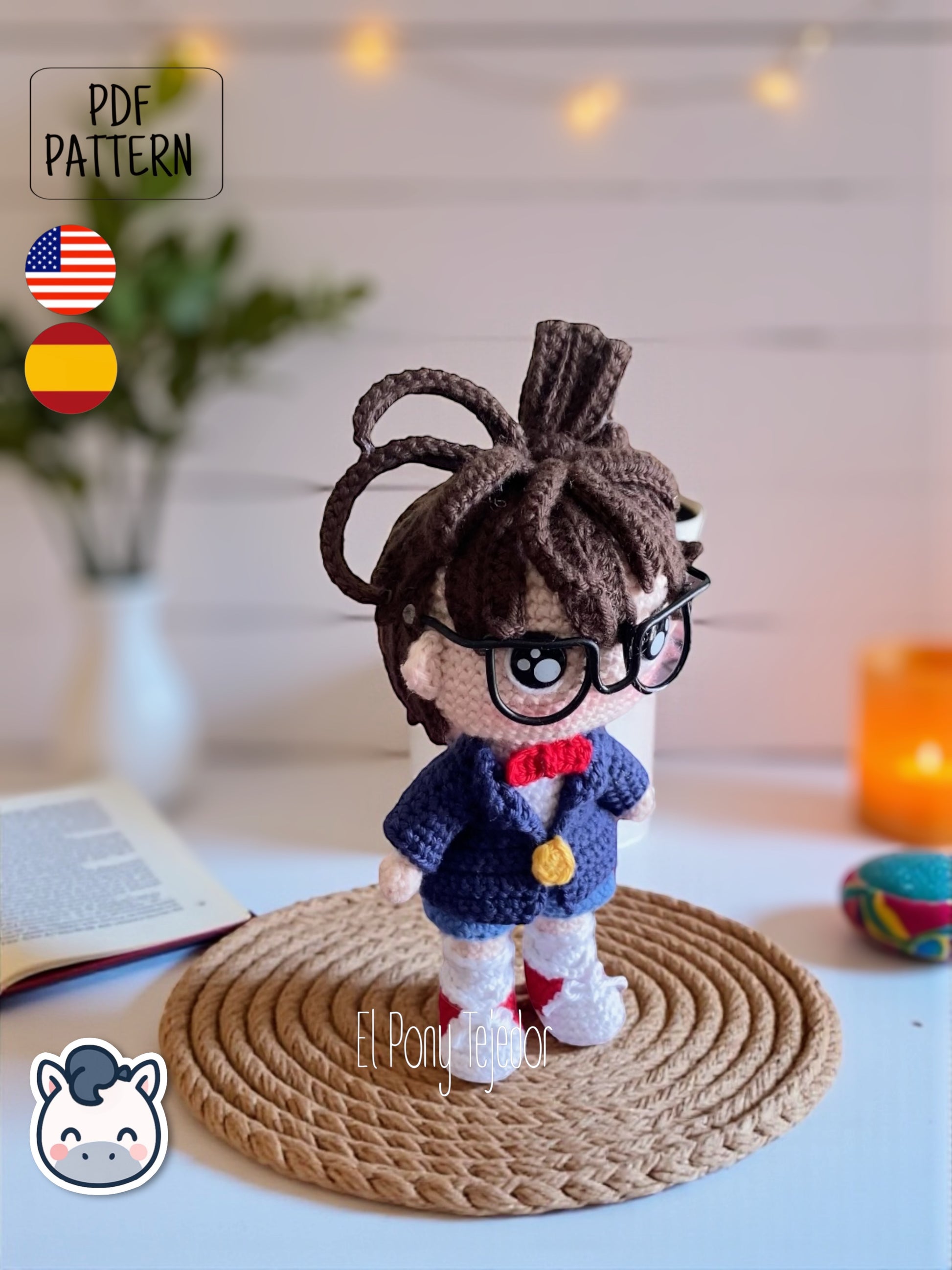 Handmade Detective Conan amigurumi inspired by Gosho Aoyama’s Case Closed, a perfect pattern for anime and mystery fans.
