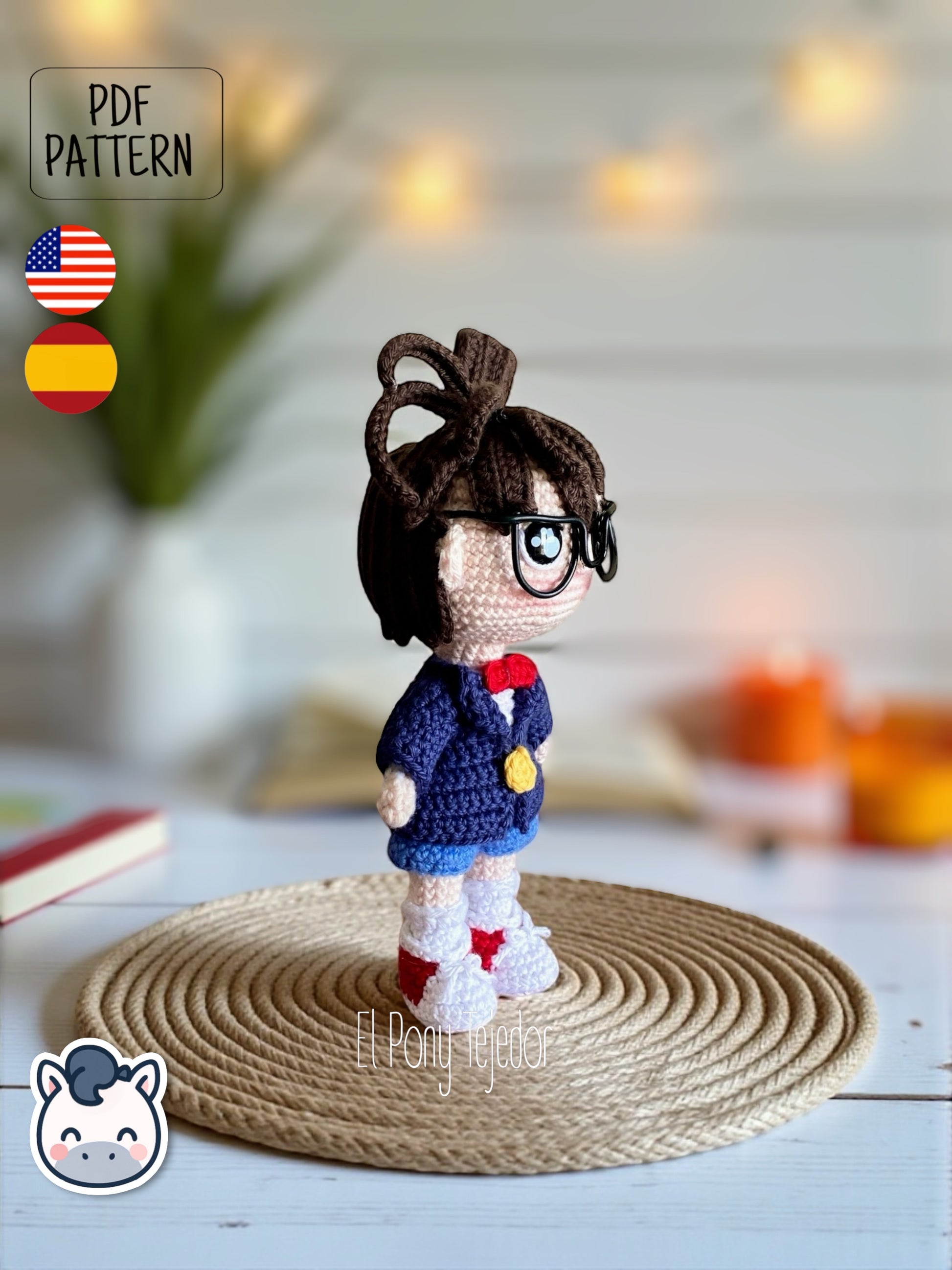 Handmade Detective Conan amigurumi inspired by Gosho Aoyama’s Case Closed, a perfect pattern for anime and mystery fans.