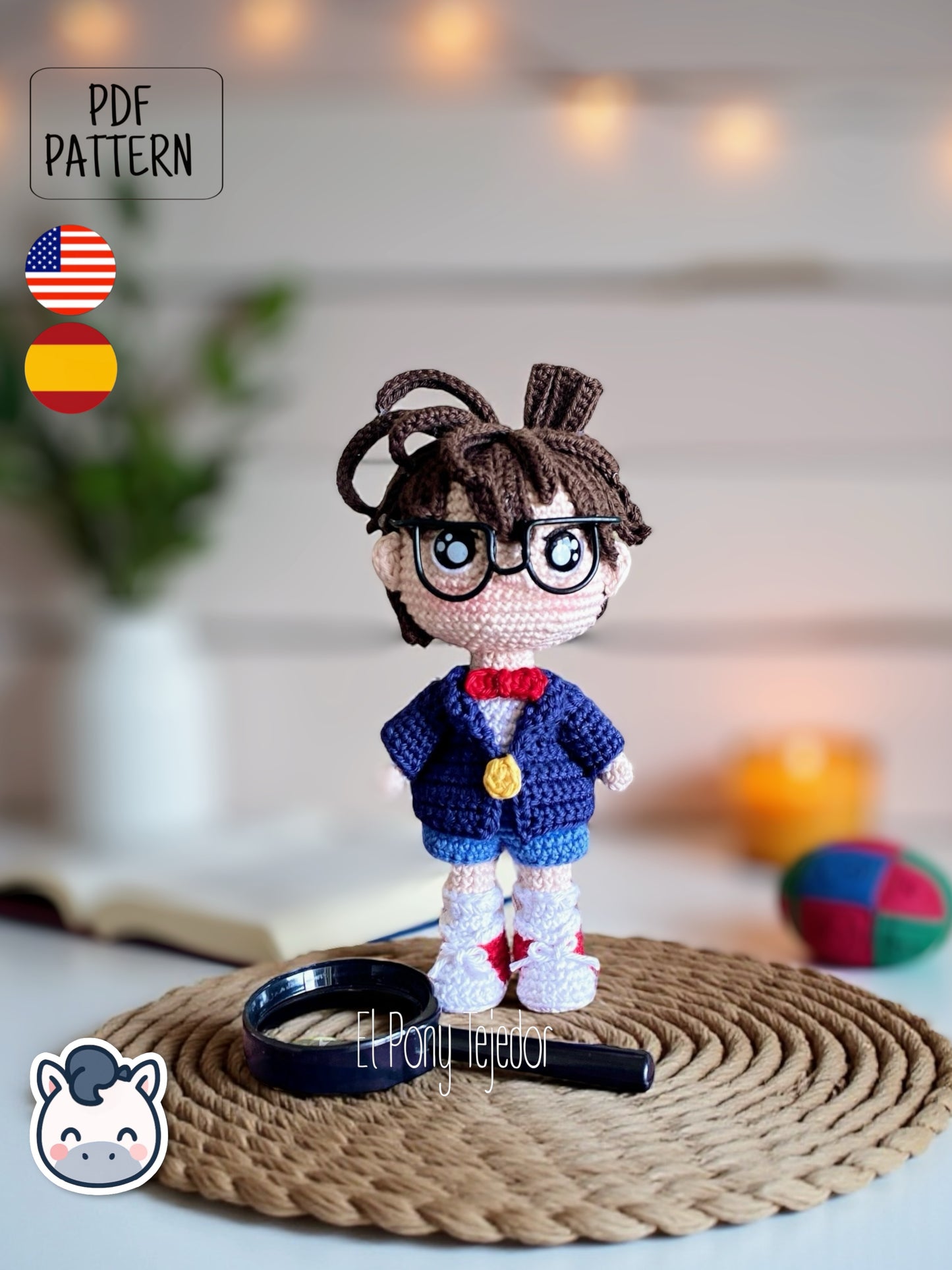 Handmade Detective Conan amigurumi inspired by Gosho Aoyama’s Case Closed, a perfect pattern for anime and mystery fans.