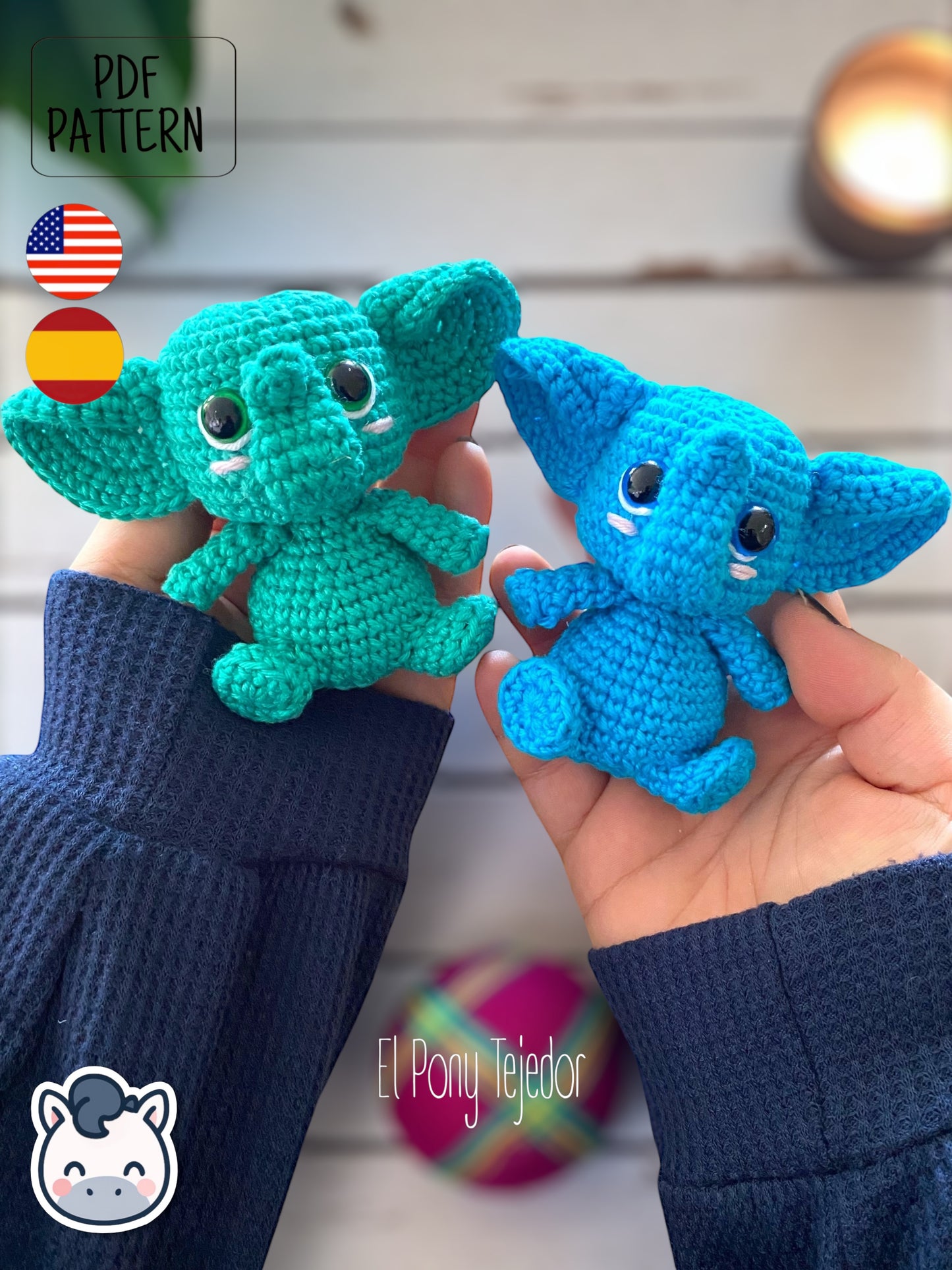 Handmade elephant amigurumi inspired by cute kawaii animal designs, crochet pattern PDF perfect as plush toy or keychain, ideal for animal lovers and handmade crochet fans.