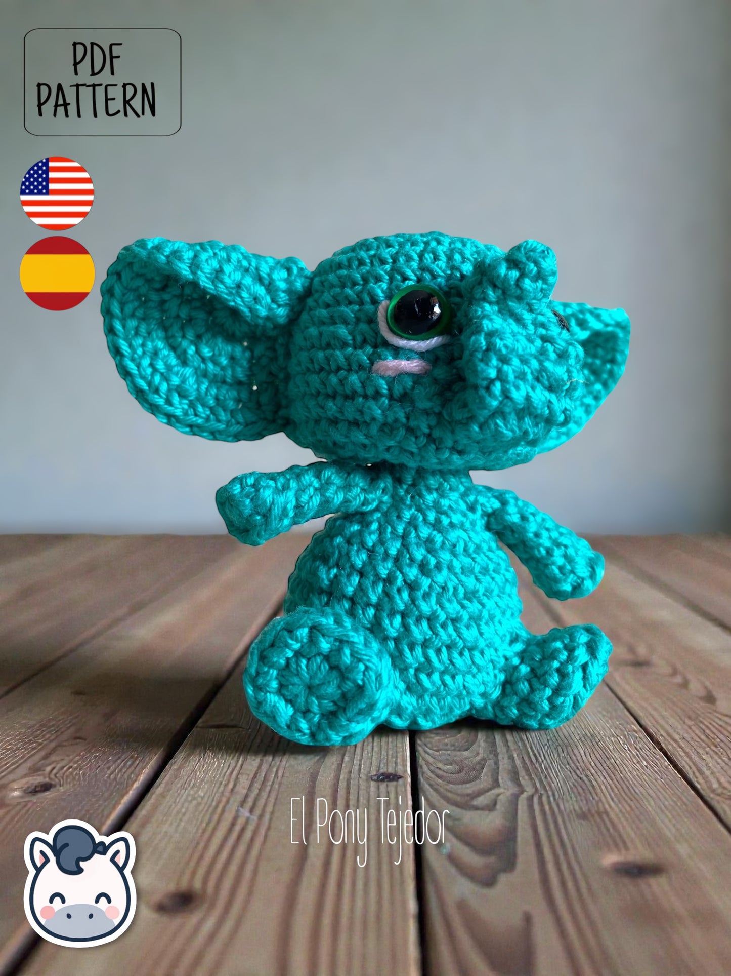 Handmade elephant amigurumi inspired by cute kawaii animal designs, crochet pattern PDF perfect as plush toy or keychain, ideal for animal lovers and handmade crochet fans.