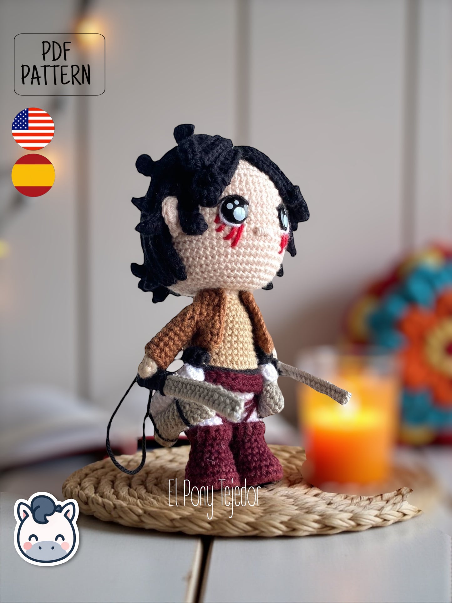 Handmade Eren Jaeger amigurumi inspired by Attack on Titan, a perfect pattern for fans of anime, epic battles, and detailed crochet art.