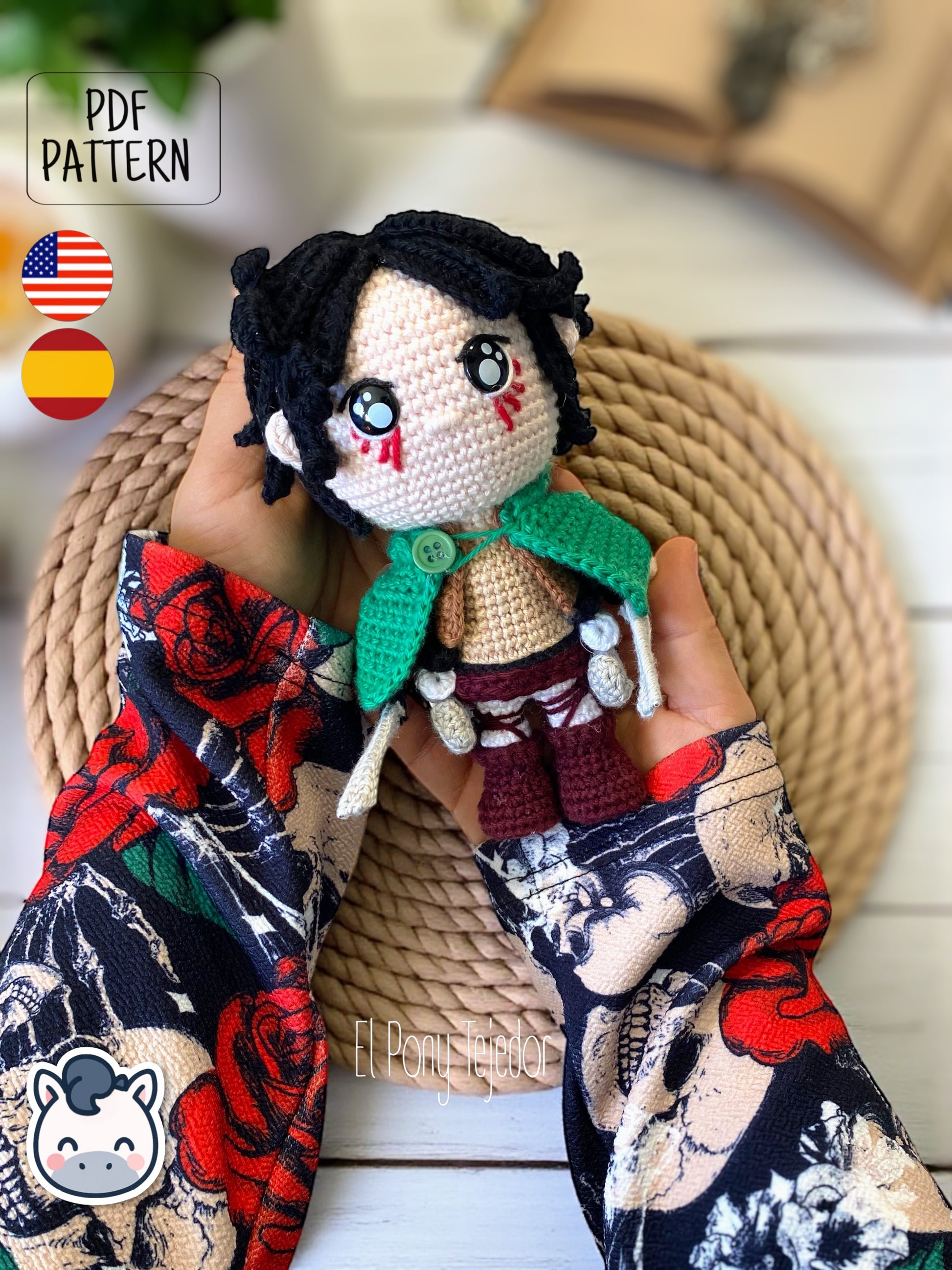 Handmade Eren Jaeger amigurumi inspired by Attack on Titan, a perfect pattern for fans of anime, epic battles, and detailed crochet art.