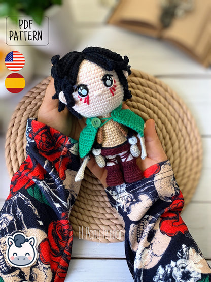 Handmade Eren Jaeger amigurumi inspired by Attack on Titan, a perfect pattern for fans of anime, epic battles, and detailed crochet art.