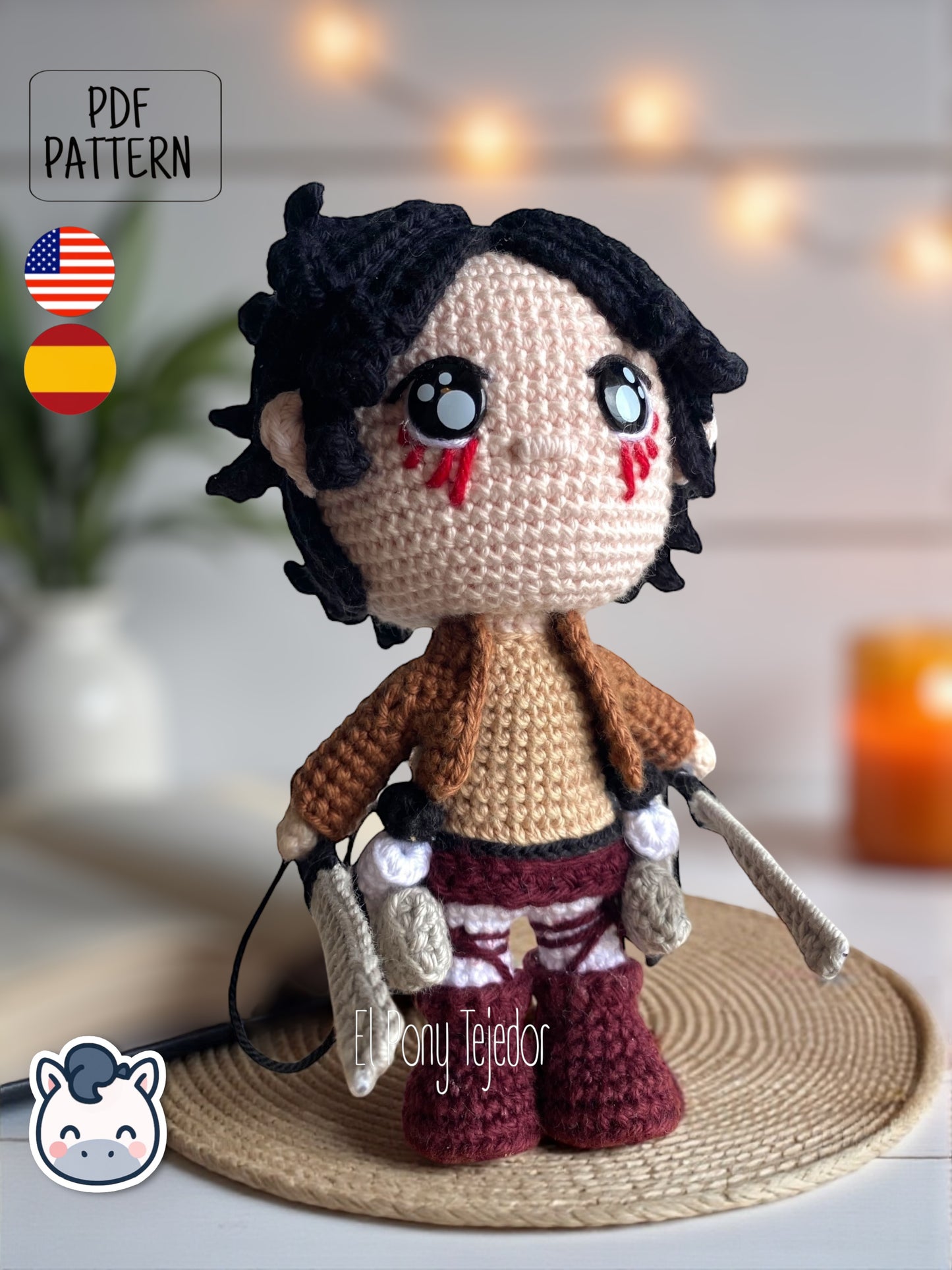 Handmade Eren Jaeger amigurumi inspired by Attack on Titan, a perfect pattern for fans of anime, epic battles, and detailed crochet art.