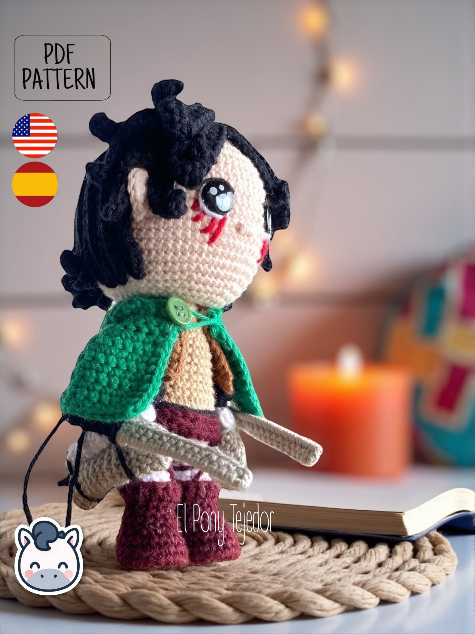 Handmade Eren Jaeger amigurumi inspired by Attack on Titan, a perfect pattern for fans of anime, epic battles, and detailed crochet art.