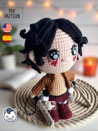 Handmade Eren Jaeger amigurumi inspired by Attack on Titan, a perfect pattern for fans of anime, epic battles, and detailed crochet art.
