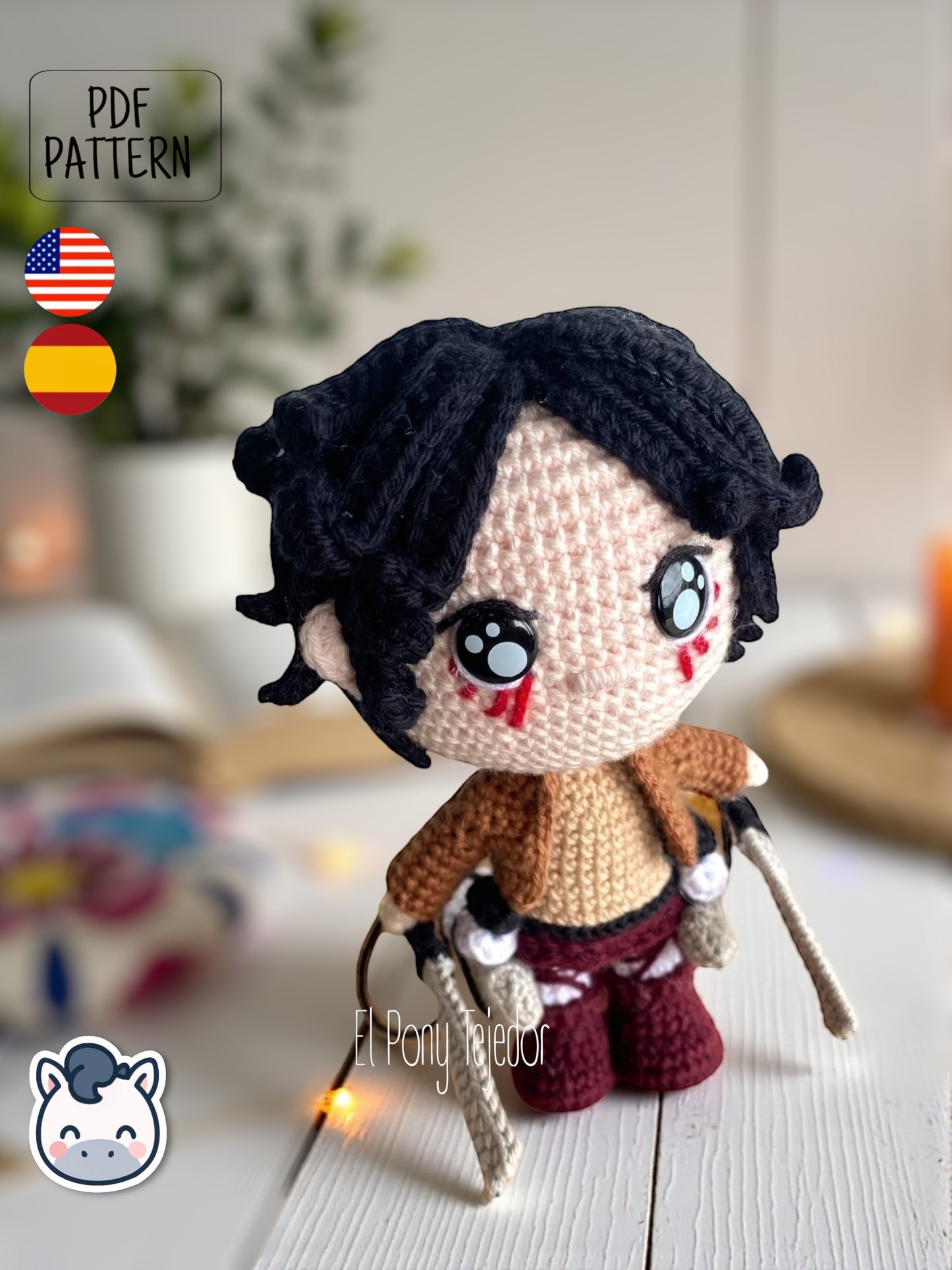 Handmade Eren Jaeger amigurumi inspired by Attack on Titan, a perfect pattern for fans of anime, epic battles, and detailed crochet art.