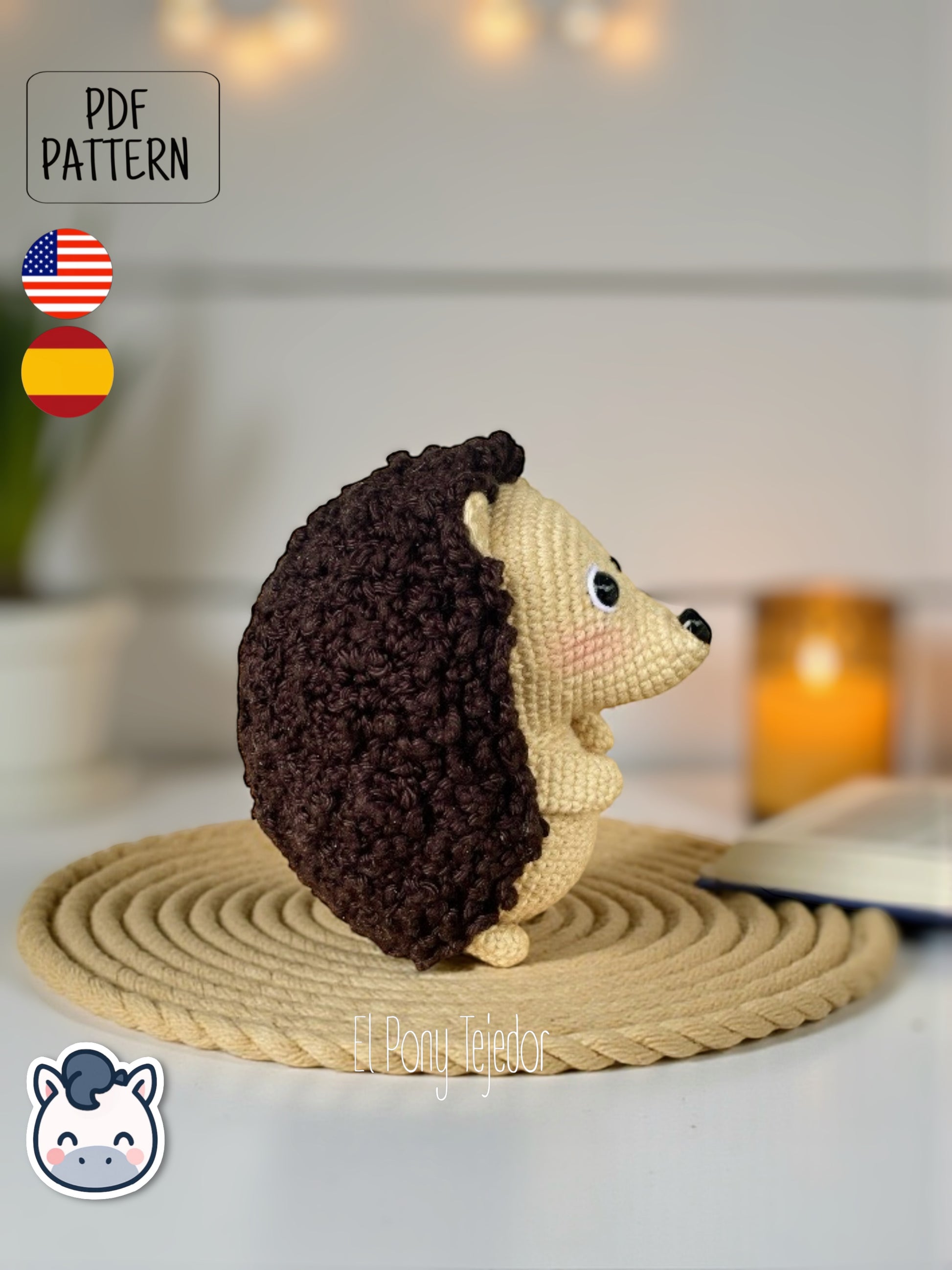 This Hedgehog crochet pattern PDF is a handmade geek amigurumi plush toy inspired by cute woodland animals. This kawaii-style crochet pattern includes a detailed step-by-step photo tutorial to help you create your own adorable spiky hedgehog plush. Perfect for nature lovers, geek collectors, and handmade enthusiasts. Available in English and Spanish as a digital instant download for your next cozy crochet project.