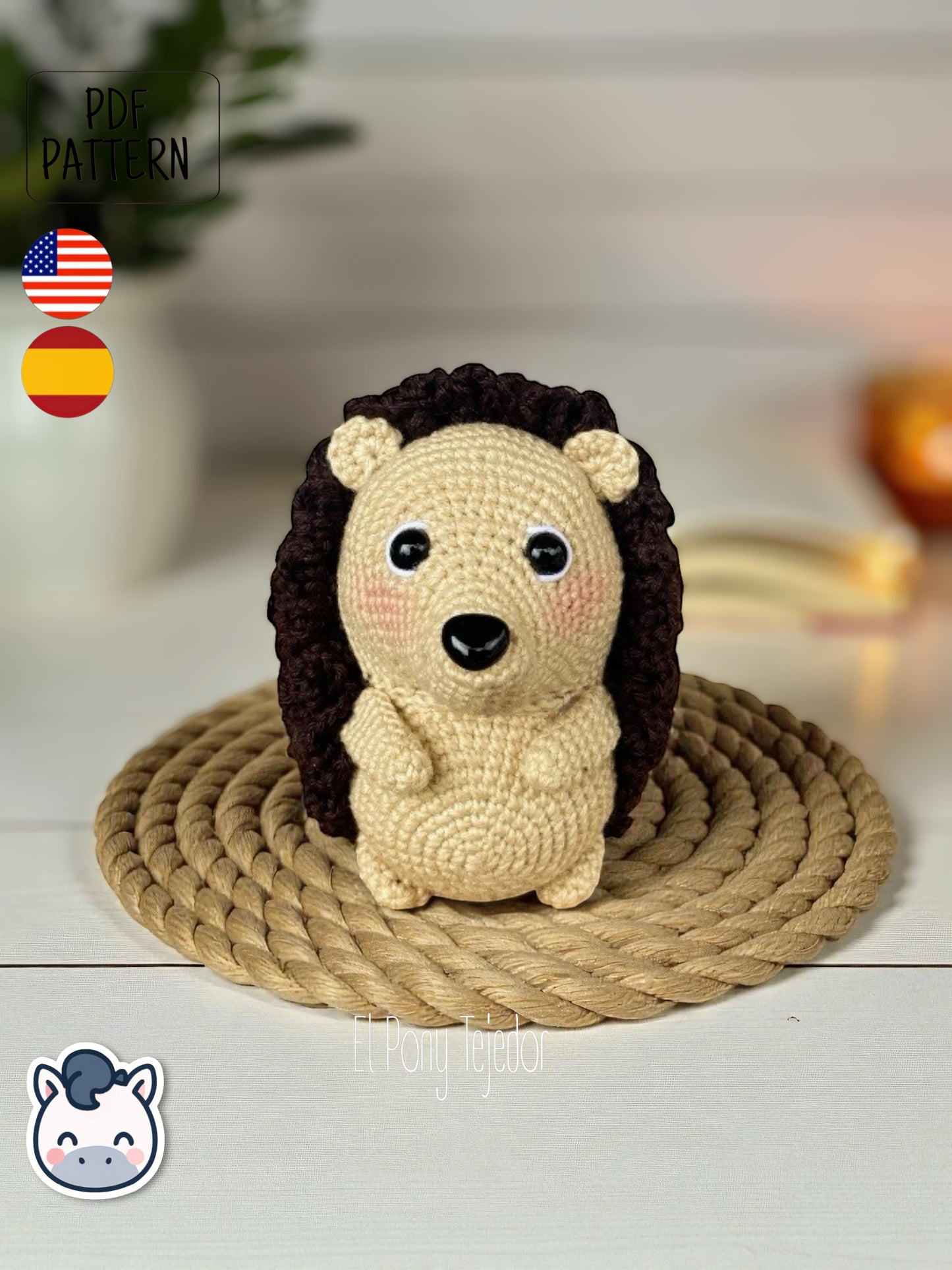 This Hedgehog crochet pattern PDF is a handmade geek amigurumi plush toy inspired by cute woodland animals. This kawaii-style crochet pattern includes a detailed step-by-step photo tutorial to help you create your own adorable spiky hedgehog plush. Perfect for nature lovers, geek collectors, and handmade enthusiasts. Available in English and Spanish as a digital instant download for your next cozy crochet project.