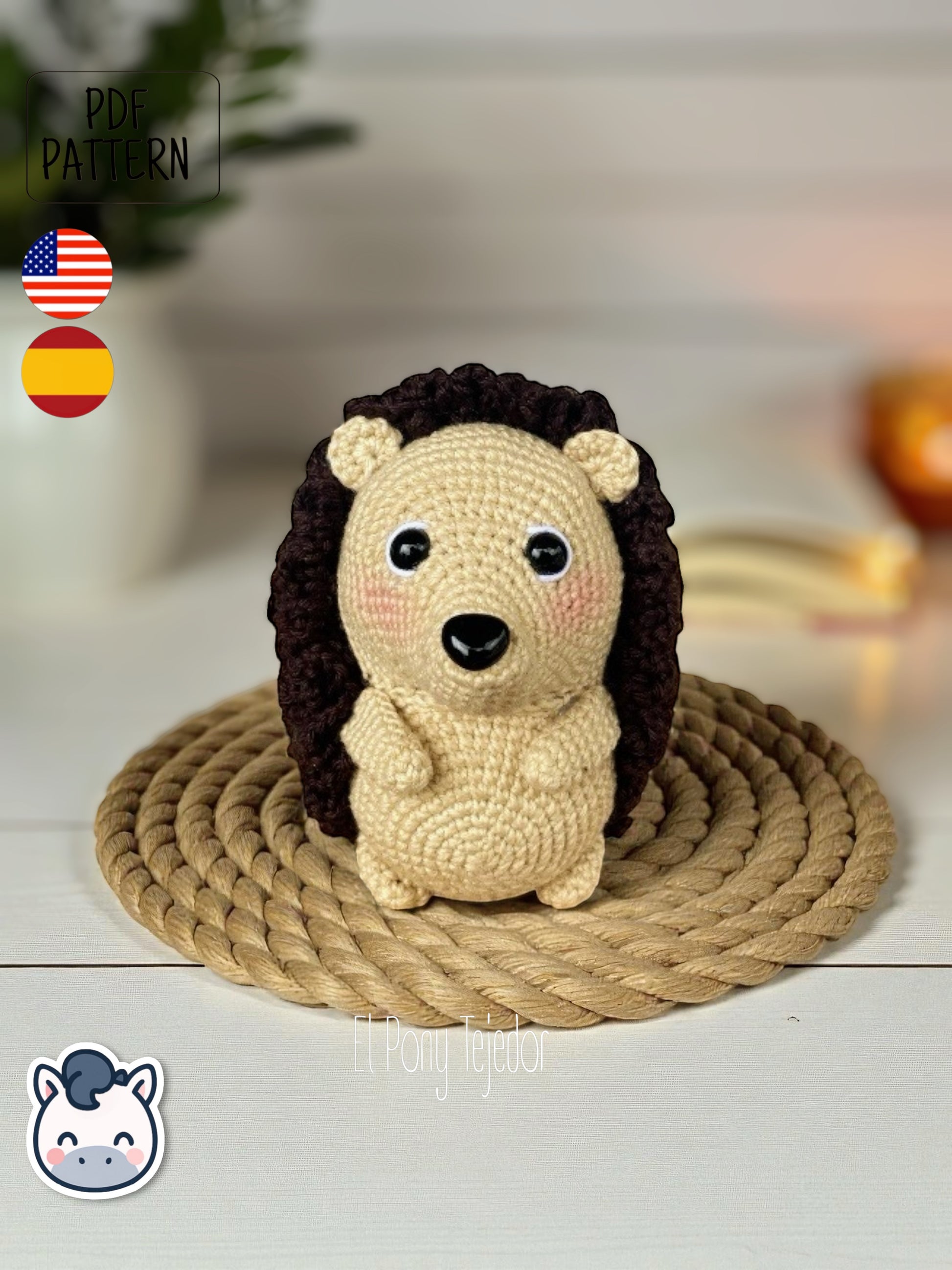 This Hedgehog crochet pattern PDF is a handmade geek amigurumi plush toy inspired by cute woodland animals. This kawaii-style crochet pattern includes a detailed step-by-step photo tutorial to help you create your own adorable spiky hedgehog plush. Perfect for nature lovers, geek collectors, and handmade enthusiasts. Available in English and Spanish as a digital instant download for your next cozy crochet project.