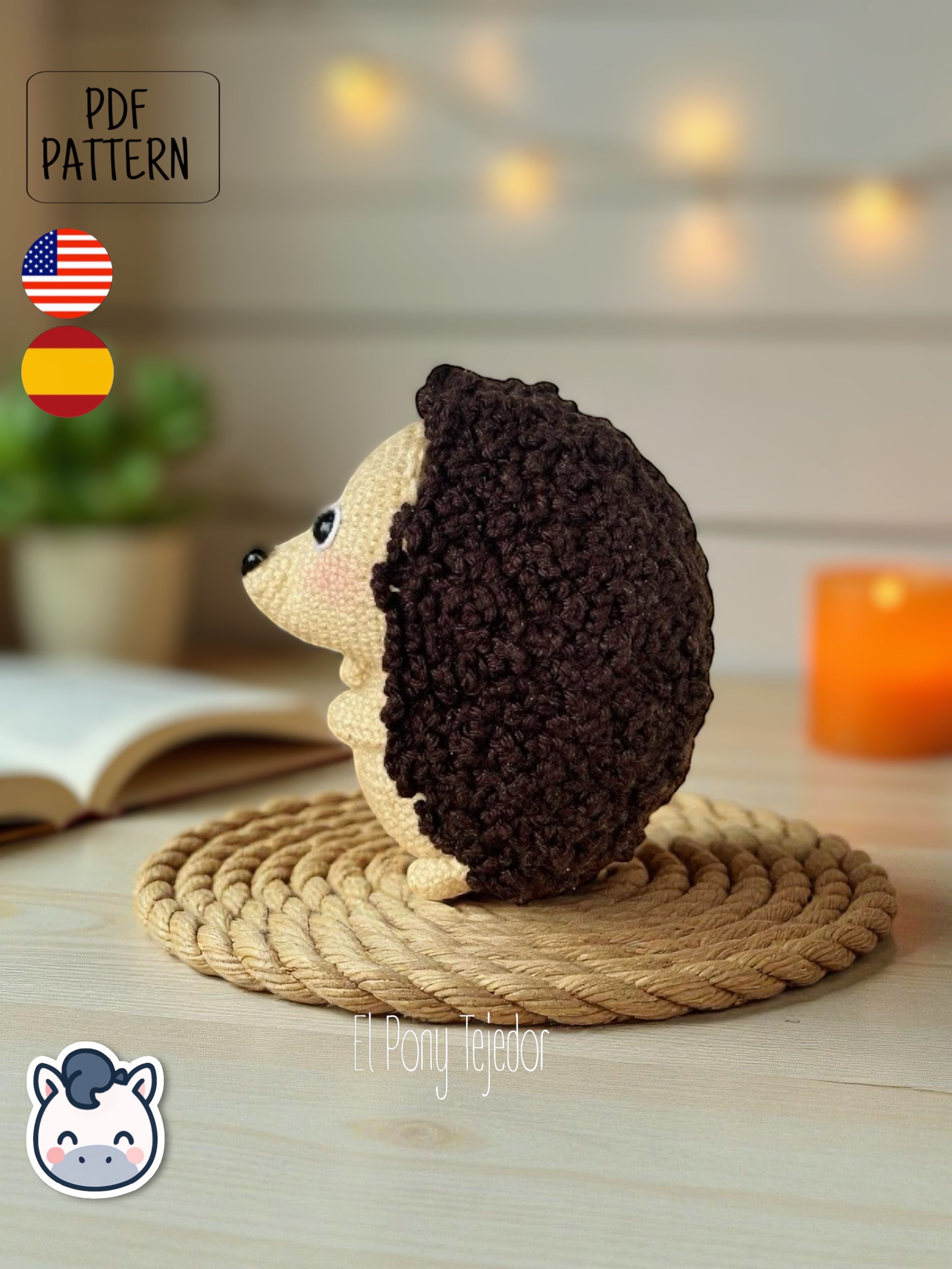 This Hedgehog crochet pattern PDF is a handmade geek amigurumi plush toy inspired by cute woodland animals. This kawaii-style crochet pattern includes a detailed step-by-step photo tutorial to help you create your own adorable spiky hedgehog plush. Perfect for nature lovers, geek collectors, and handmade enthusiasts. Available in English and Spanish as a digital instant download for your next cozy crochet project.