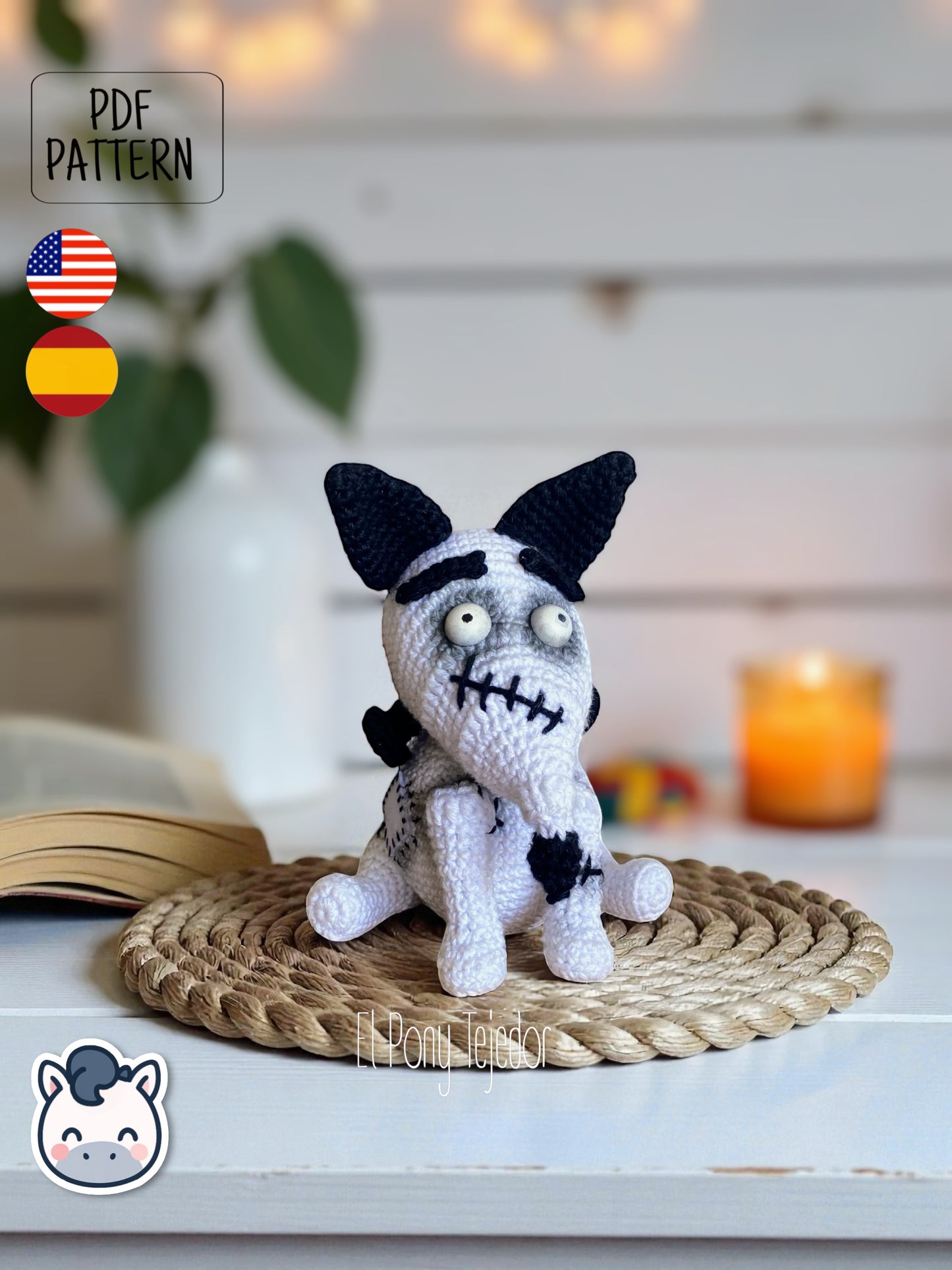 Handmade Sparky amigurumi inspired by Tim Burton’s Frankenweenie, a spooky and cute Halloween crochet pattern PDF perfect for gothic lovers and geek plush collectors.