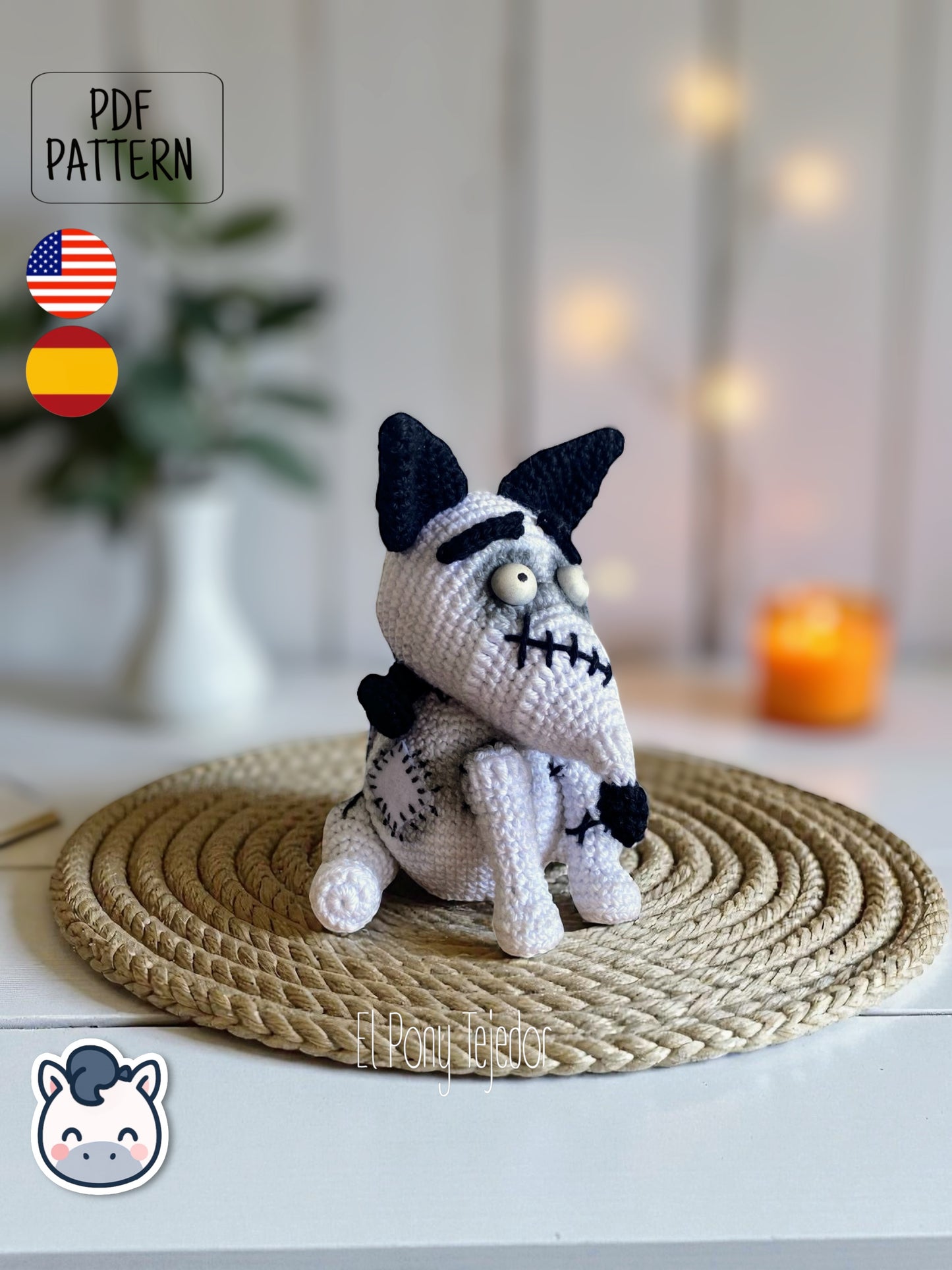 Handmade Sparky amigurumi inspired by Tim Burton’s Frankenweenie, a spooky and cute Halloween crochet pattern PDF perfect for gothic lovers and geek plush collectors.