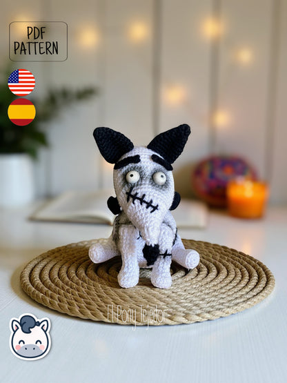 Handmade Sparky amigurumi inspired by Tim Burton’s Frankenweenie, a spooky and cute Halloween crochet pattern PDF perfect for gothic lovers and geek plush collectors.