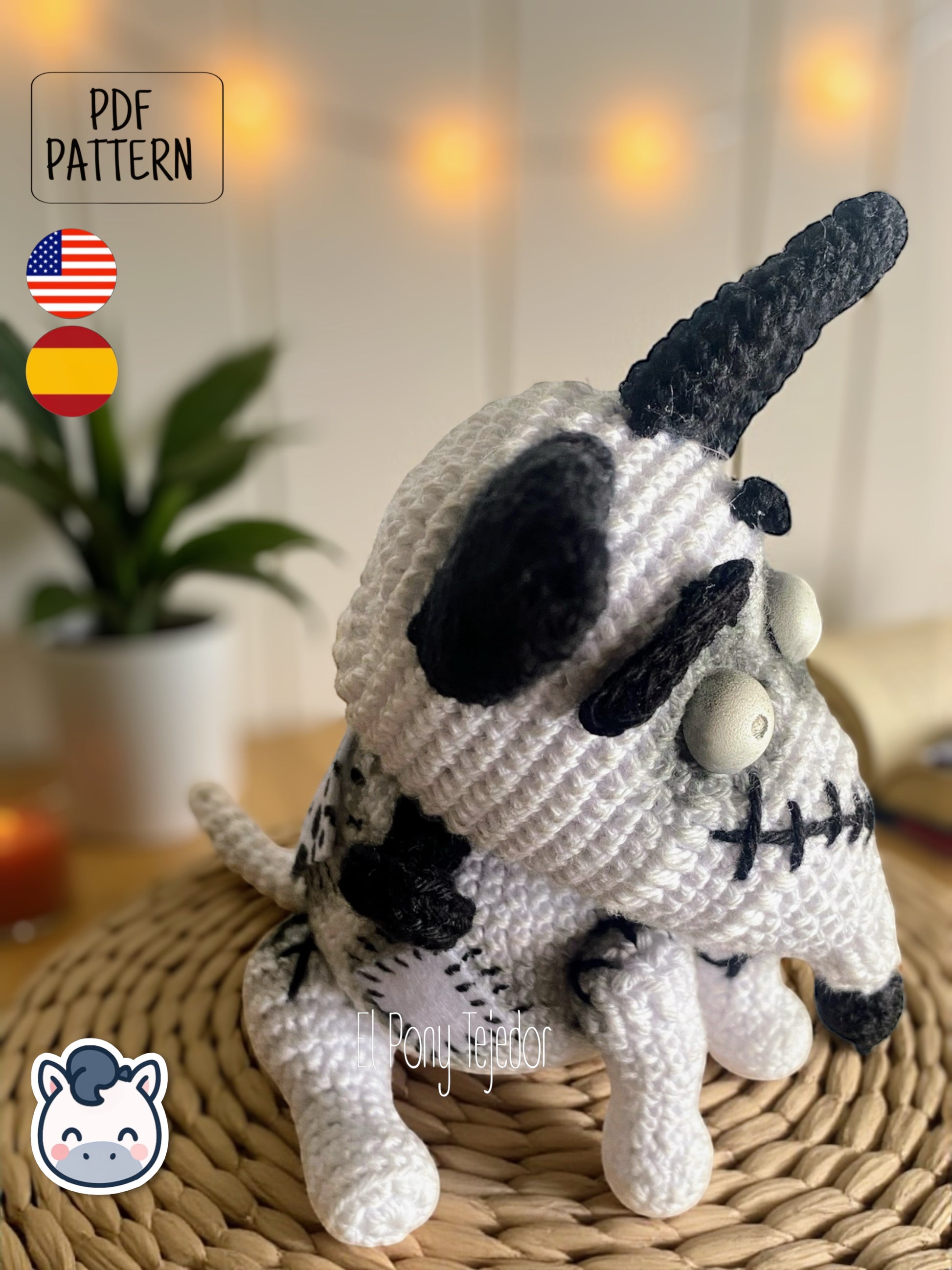 Handmade Sparky amigurumi inspired by Tim Burton’s Frankenweenie, a spooky and cute Halloween crochet pattern PDF perfect for gothic lovers and geek plush collectors.