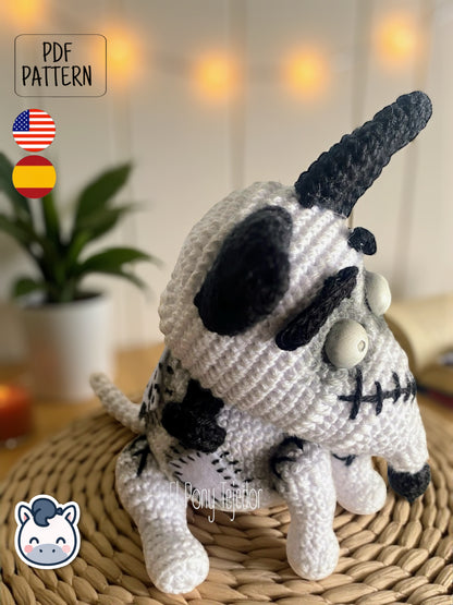 Handmade Sparky amigurumi inspired by Tim Burton’s Frankenweenie, a spooky and cute Halloween crochet pattern PDF perfect for gothic lovers and geek plush collectors.