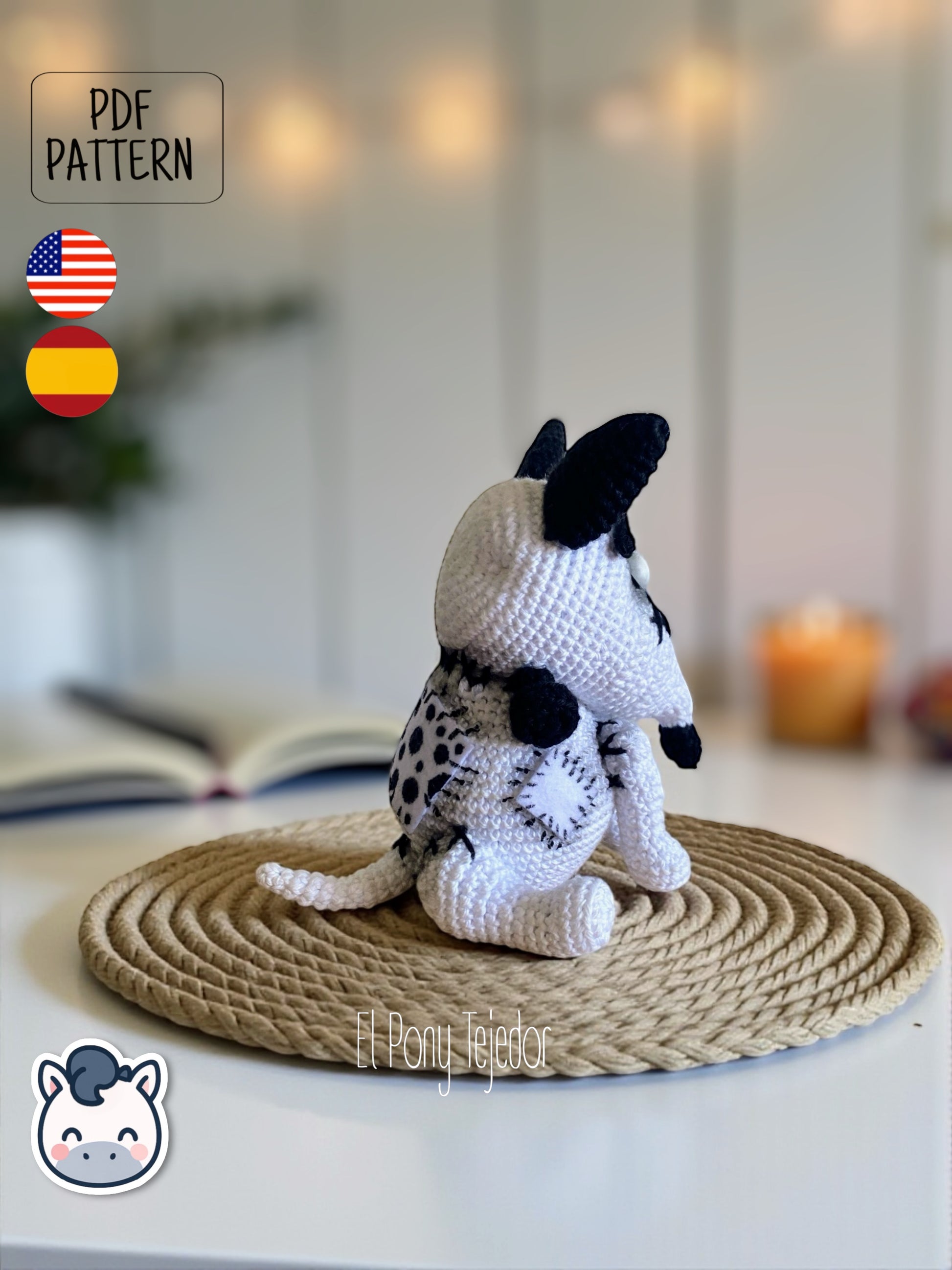Handmade Sparky amigurumi inspired by Tim Burton’s Frankenweenie, a spooky and cute Halloween crochet pattern PDF perfect for gothic lovers and geek plush collectors.
