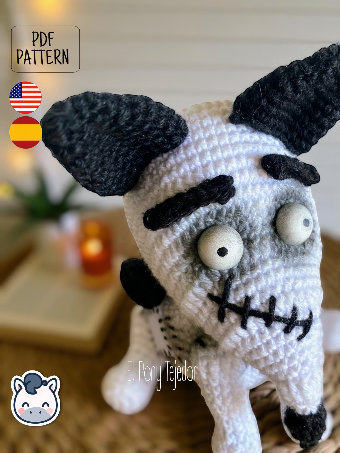 Handmade Sparky amigurumi inspired by Tim Burton’s Frankenweenie, a spooky and cute Halloween crochet pattern PDF perfect for gothic lovers and geek plush collectors.