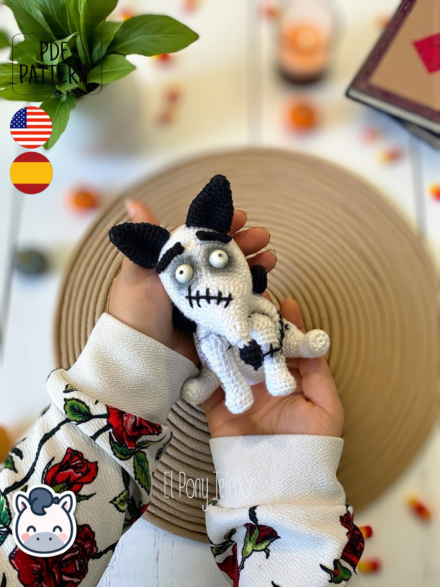 Handmade Sparky amigurumi inspired by Tim Burton’s Frankenweenie, a spooky and cute Halloween crochet pattern PDF perfect for gothic lovers and geek plush collectors.