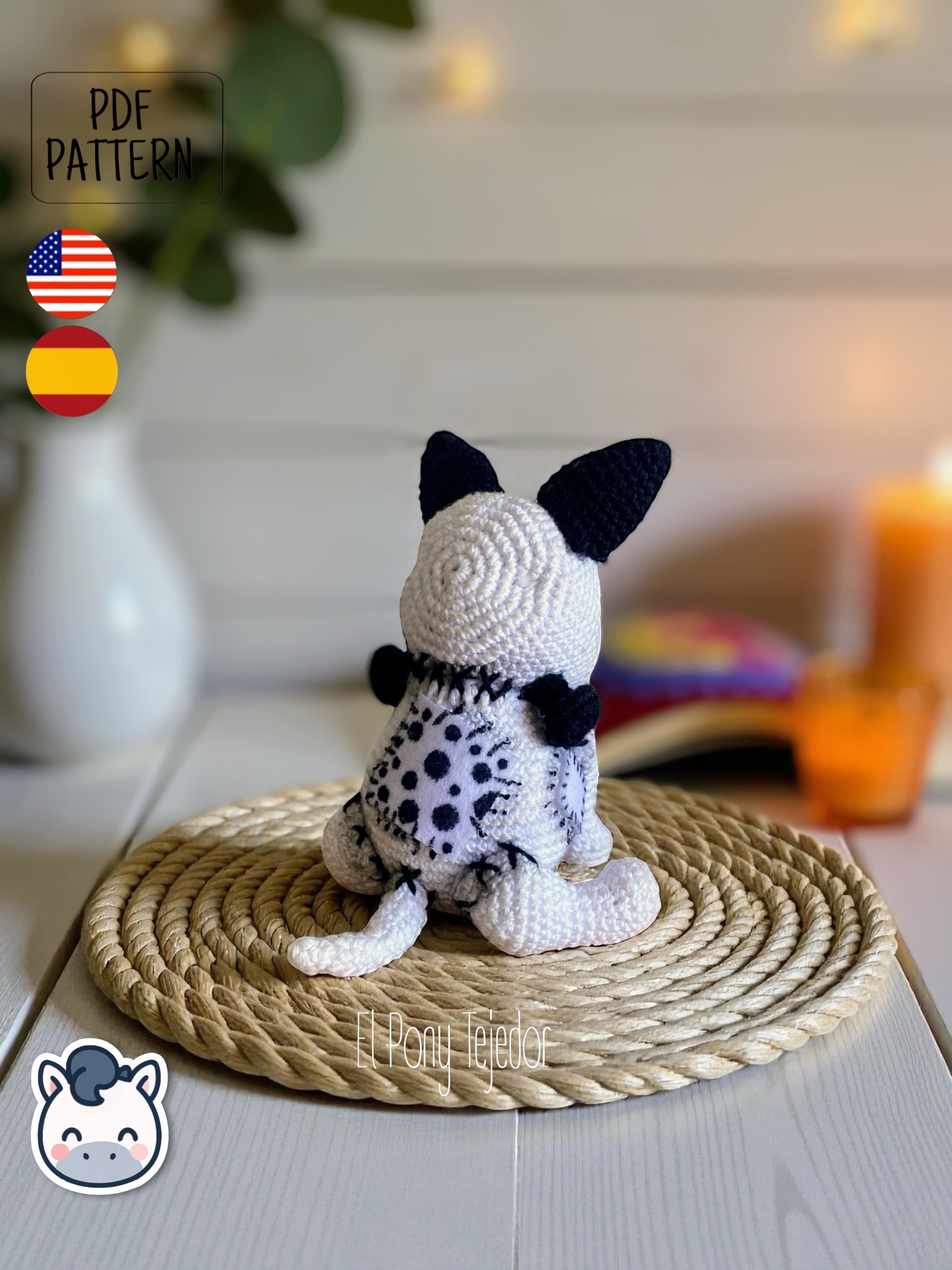 Handmade Sparky amigurumi inspired by Tim Burton’s Frankenweenie, a spooky and cute Halloween crochet pattern PDF perfect for gothic lovers and geek plush collectors.