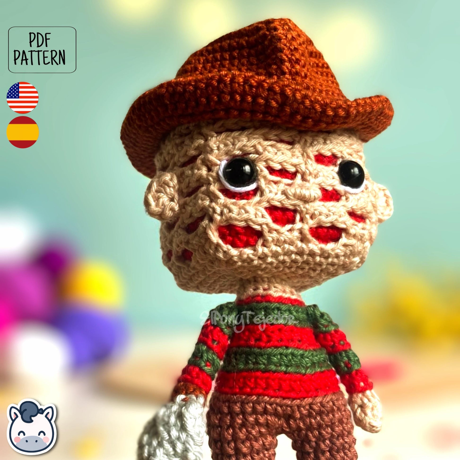 Handmade Freddy Krueger amigurumi inspired by Nightmare on Elm Street, a perfect pattern for fans of horror, Halloween, and creepy classics.