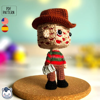 Handmade Freddy Krueger amigurumi inspired by Nightmare on Elm Street, a perfect pattern for fans of horror, Halloween, and creepy classics.