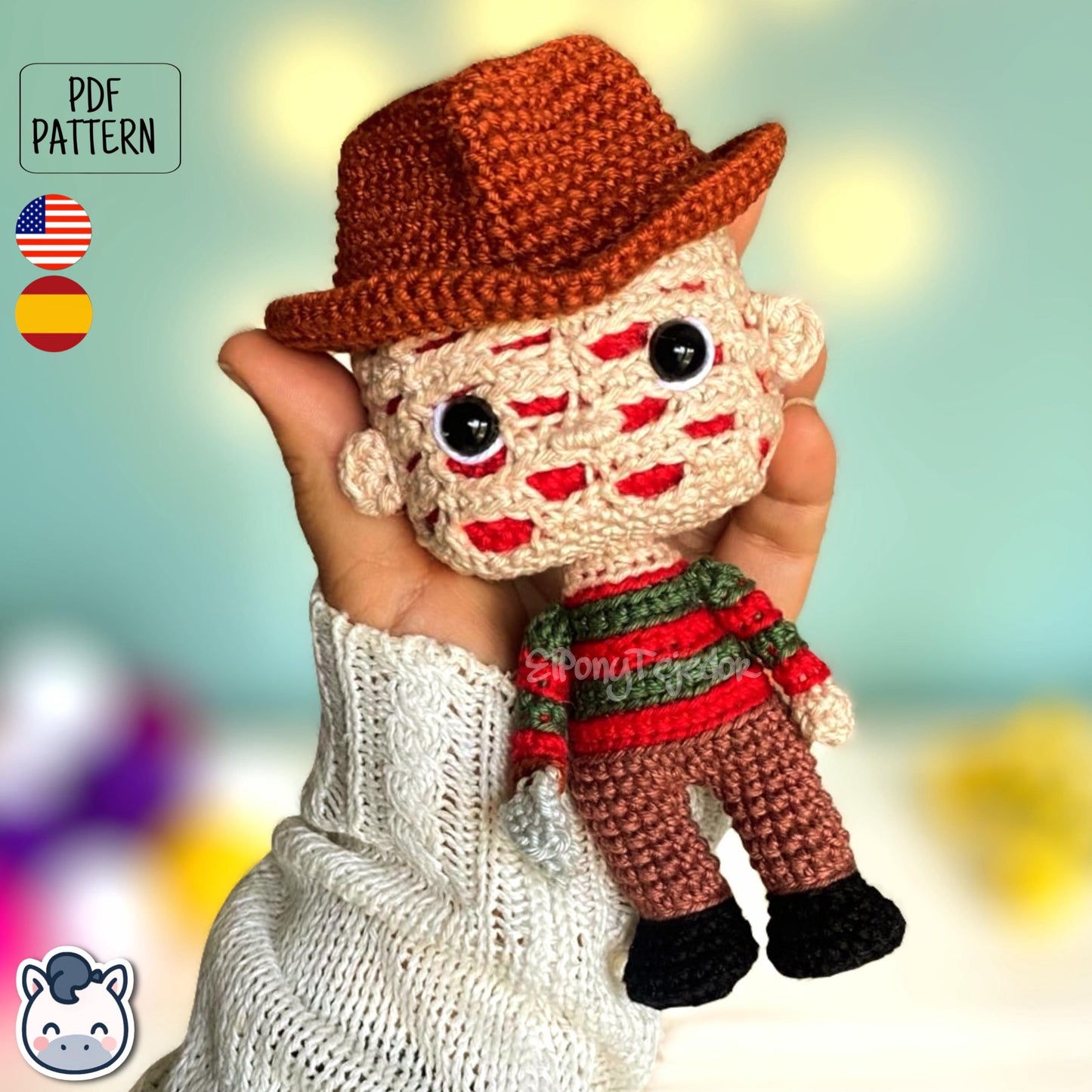 Handmade Freddy Krueger amigurumi inspired by Nightmare on Elm Street, a perfect pattern for fans of horror, Halloween, and creepy classics.