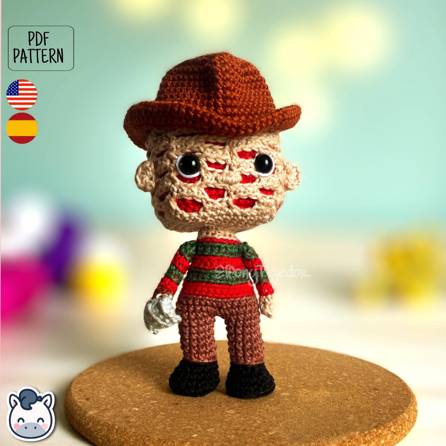 Handmade Freddy Krueger amigurumi inspired by Nightmare on Elm Street, a perfect pattern for fans of horror, Halloween, and creepy classics.