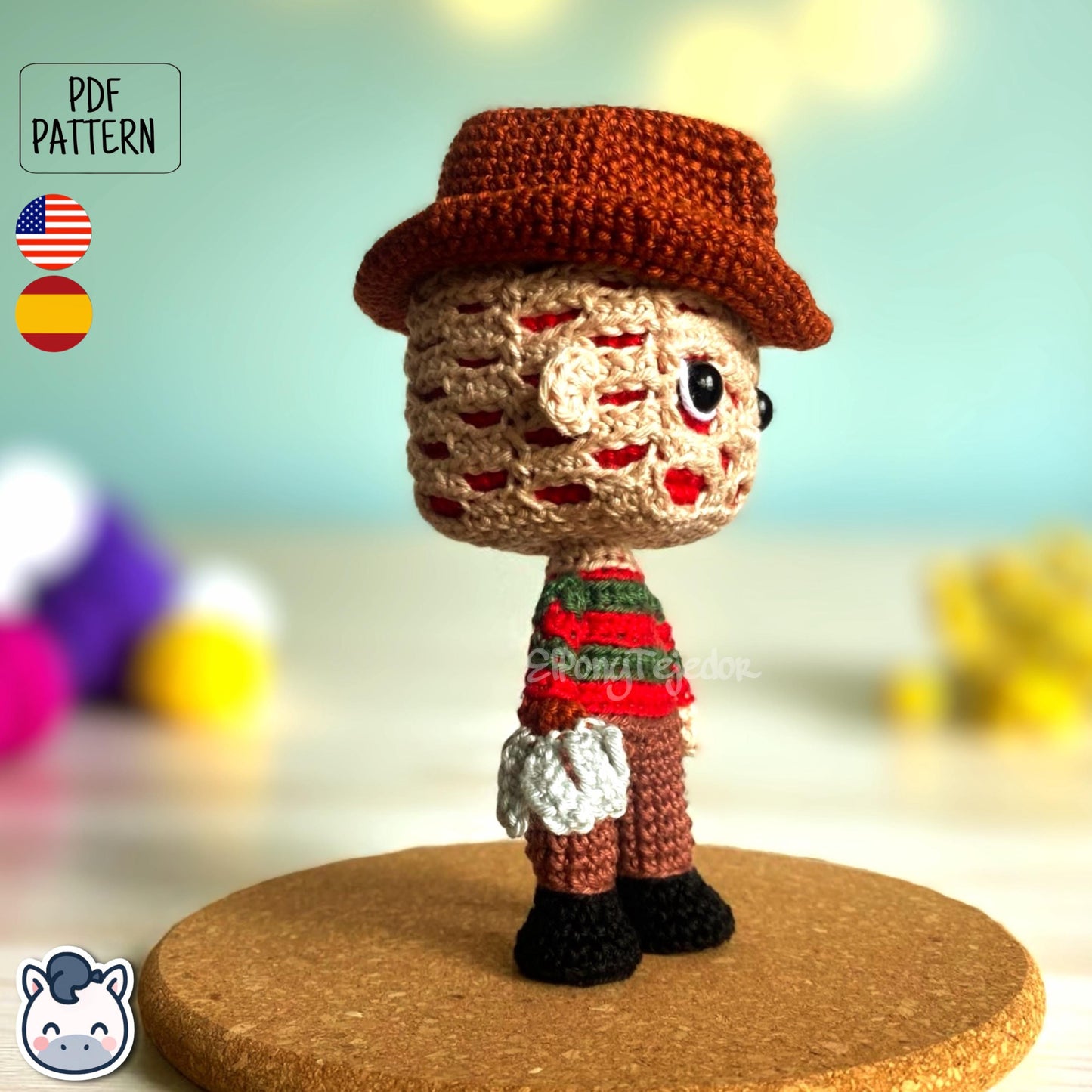Handmade Freddy Krueger amigurumi inspired by Nightmare on Elm Street, a perfect pattern for fans of horror, Halloween, and creepy classics.