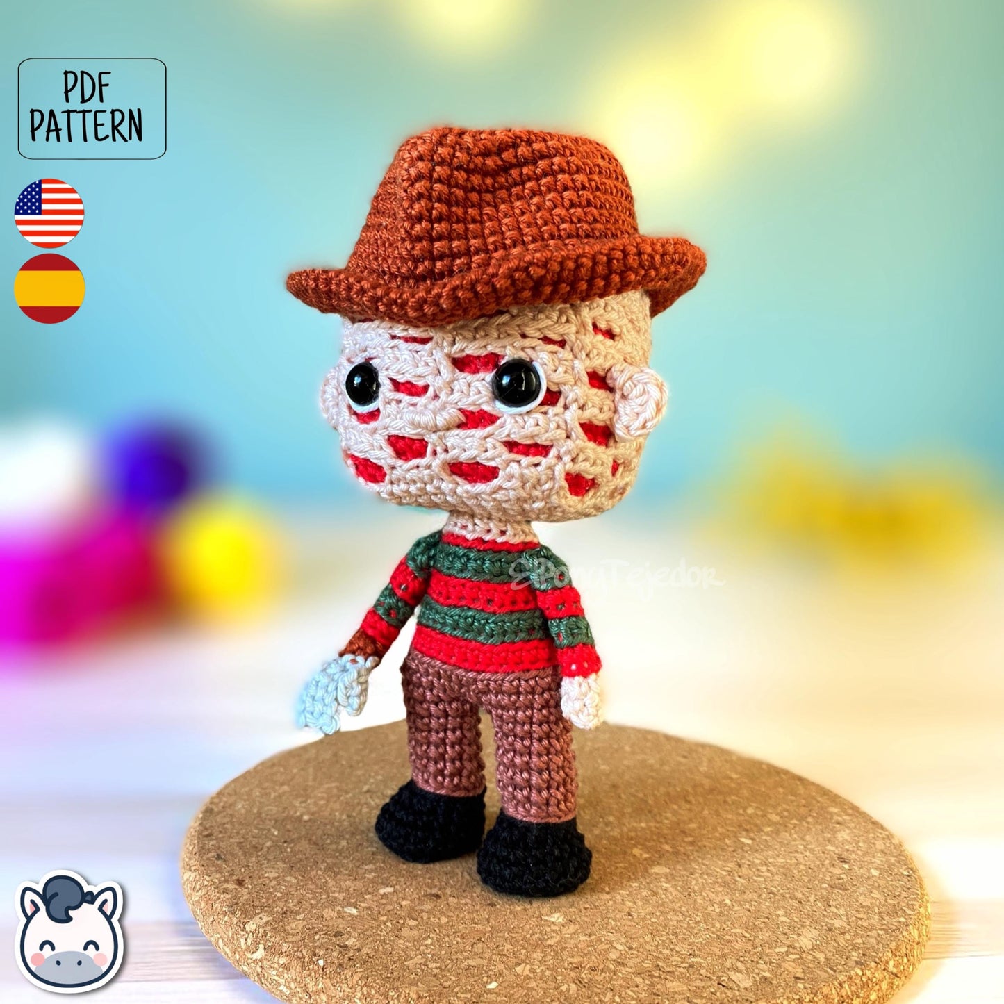 Handmade Freddy Krueger amigurumi inspired by Nightmare on Elm Street, a perfect pattern for fans of horror, Halloween, and creepy classics.