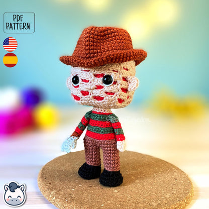 Handmade Freddy Krueger amigurumi inspired by Nightmare on Elm Street, a perfect pattern for fans of horror, Halloween, and creepy classics.