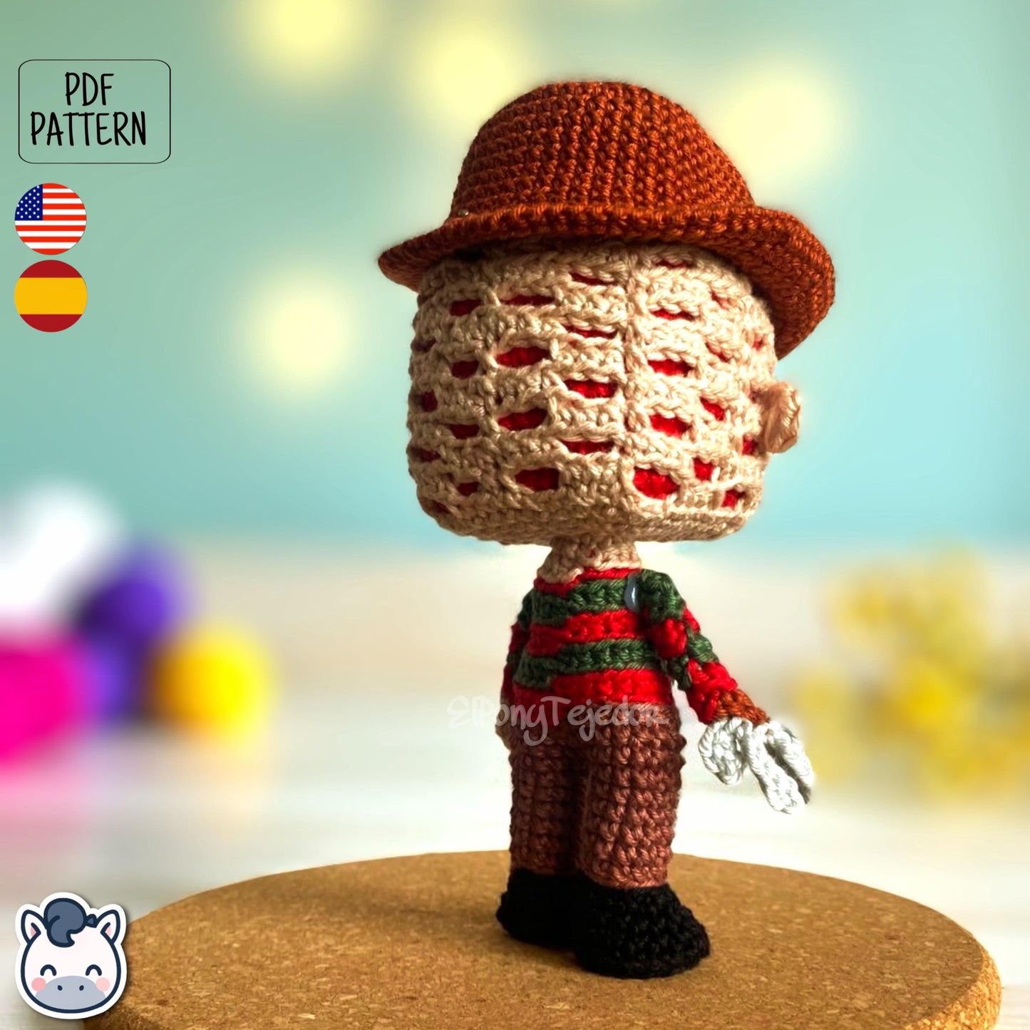 Handmade Freddy Krueger amigurumi inspired by Nightmare on Elm Street, a perfect pattern for fans of horror, Halloween, and creepy classics.