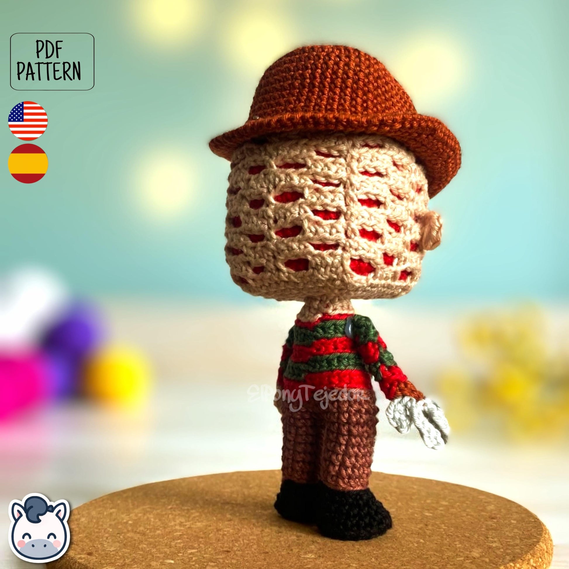 Handmade Freddy Krueger amigurumi inspired by Nightmare on Elm Street, a perfect pattern for fans of horror, Halloween, and creepy classics.