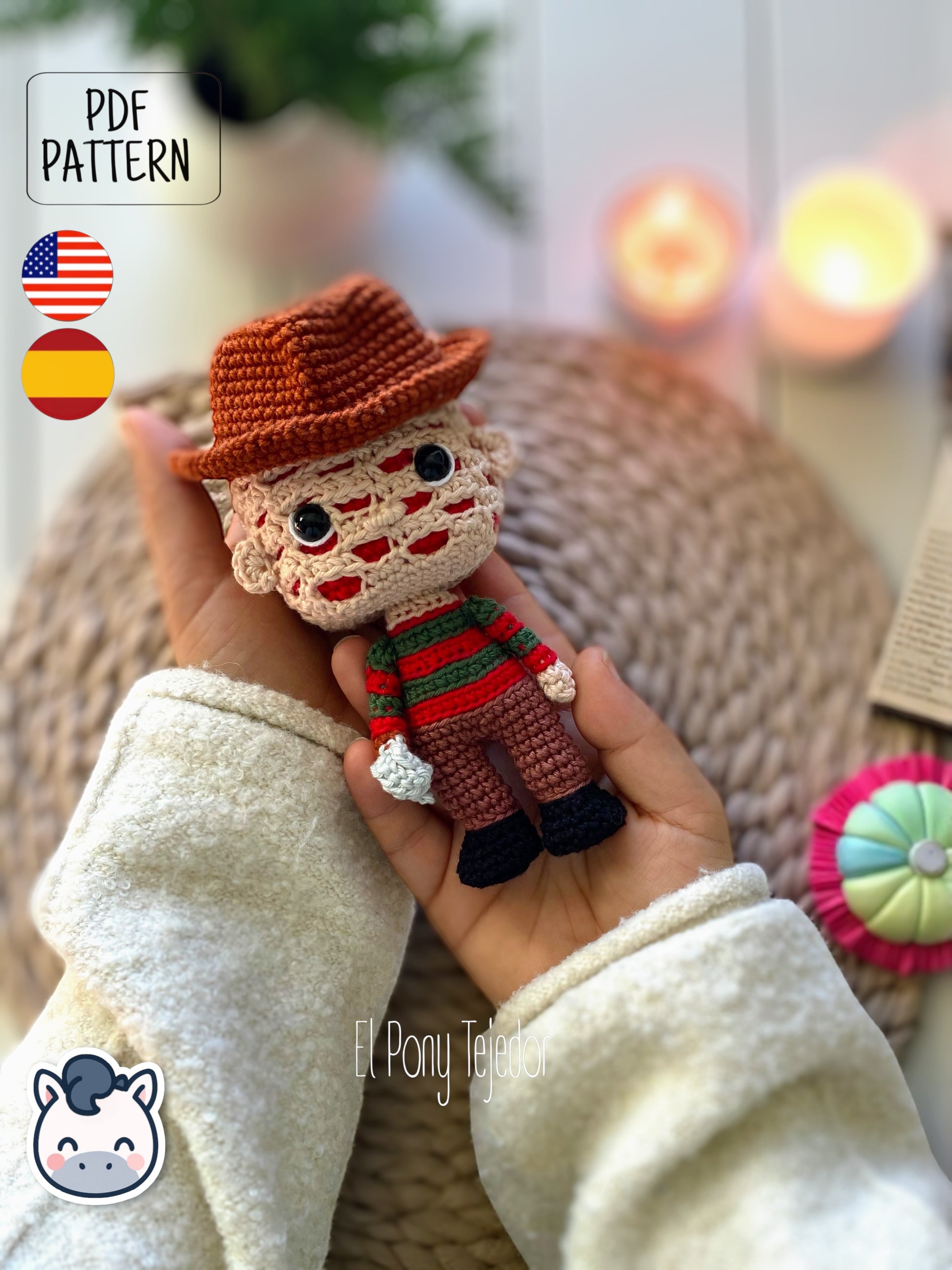 Handmade Freddy Krueger amigurumi inspired by Nightmare on Elm Street, a perfect pattern for fans of horror, Halloween, and creepy classics.